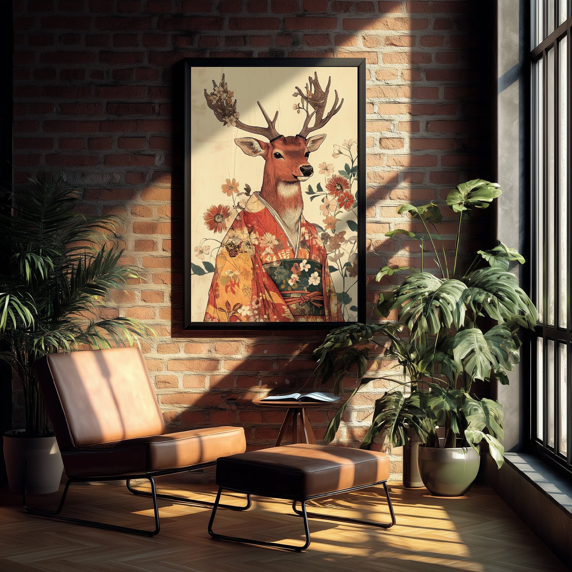 Red Stag Art Print - Whimsical Animal in Kimono Poster - Floral Illustration - Mystical Antlers Wall Art 3/3