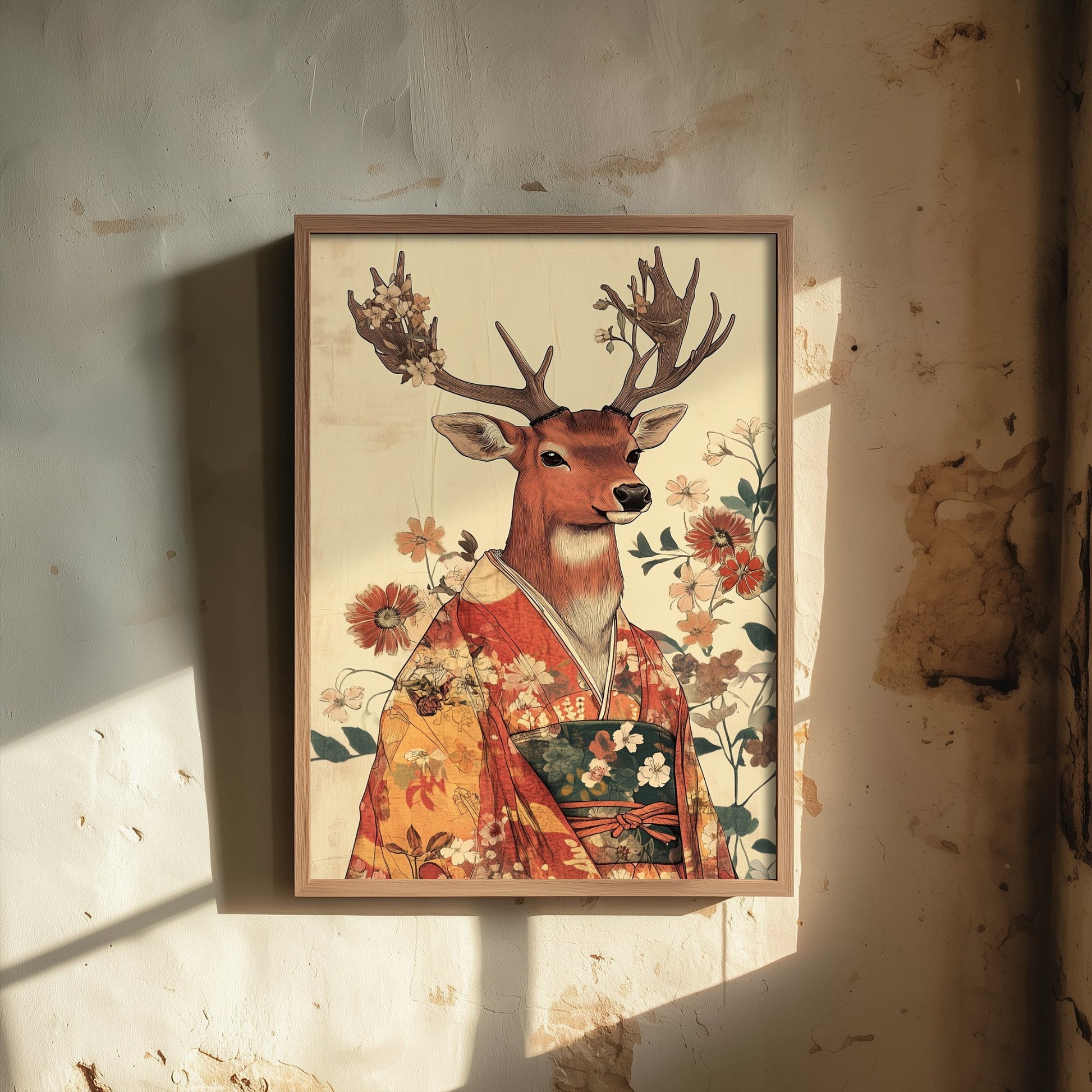 Red Stag Art Print - Whimsical Animal in Kimono Poster - Floral Illustration - Mystical Antlers Wall Art 3/3