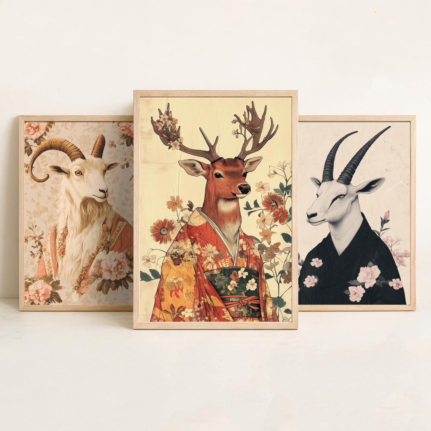Religious Animals Mystical Antlers Set of Three Art Prints - 3 Mountain Goat Arabian Oryx Red Stag Posters - Ornate Illustration Gift