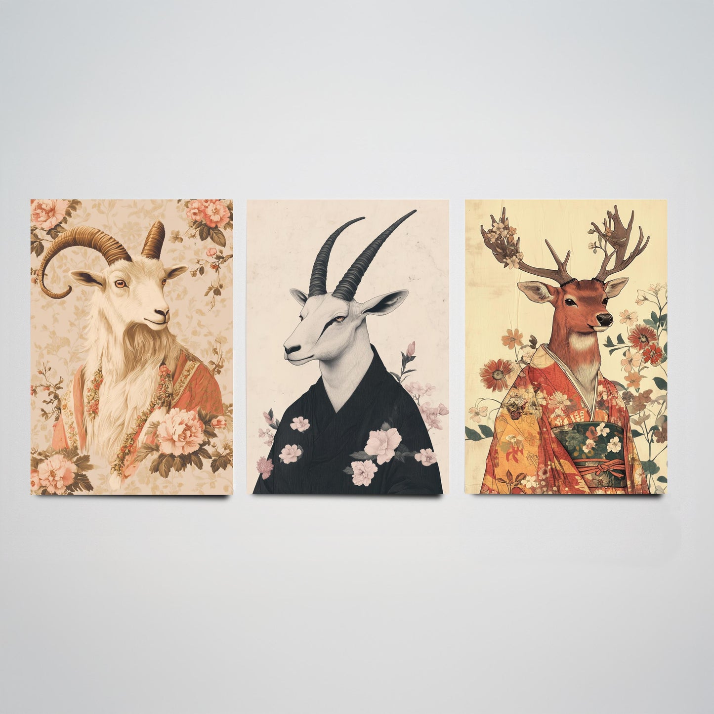 Religious Animals Mystical Antlers Set of Three Art Prints - 3 Mountain Goat Arabian Oryx Red Stag Posters - Ornate Illustration Gift