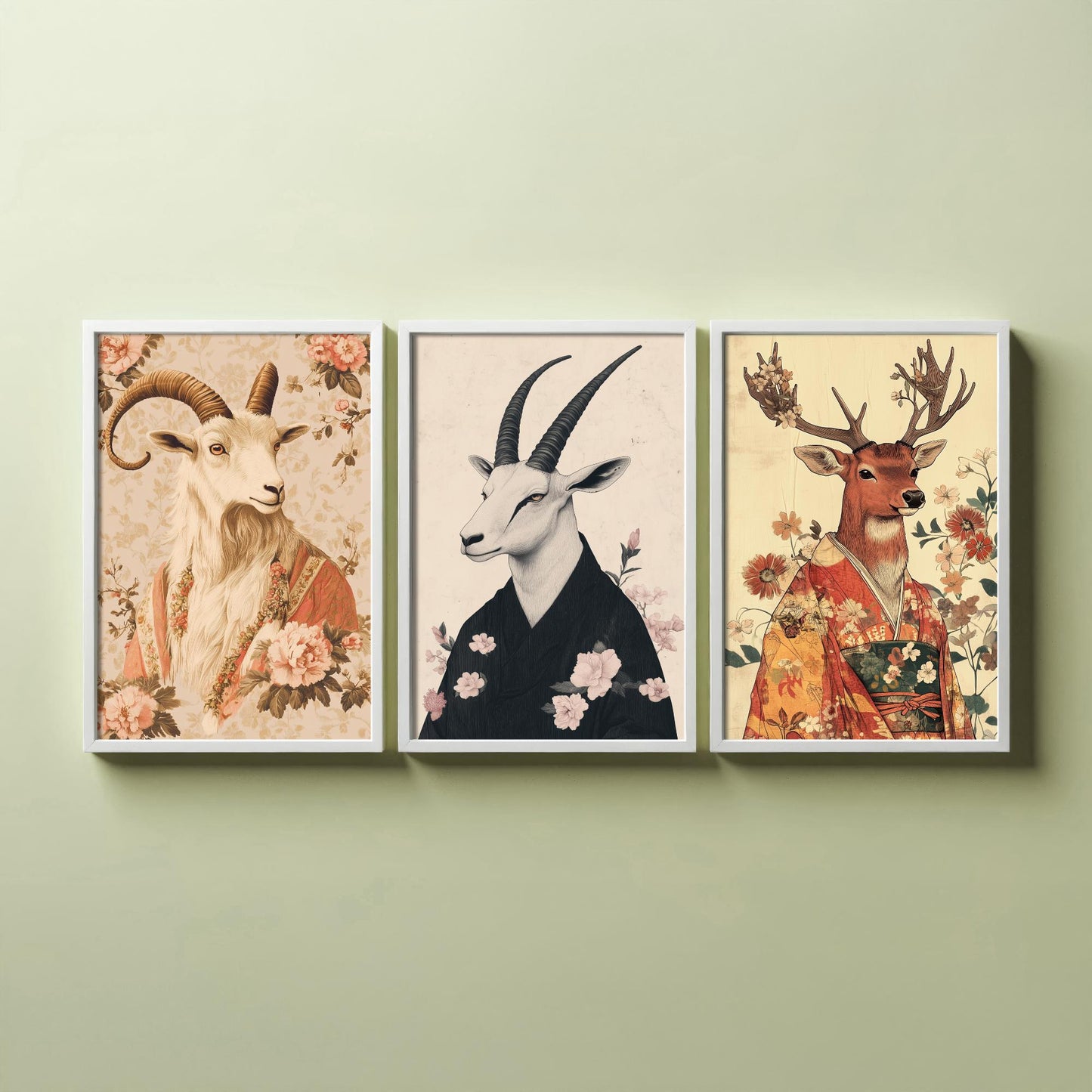 Religious Animals Mystical Antlers Set of Three Art Prints - 3 Mountain Goat Arabian Oryx Red Stag Posters - Ornate Illustration Gift