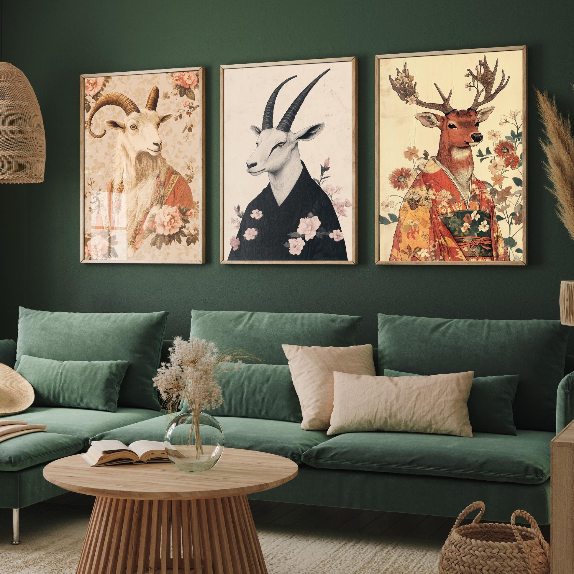 Religious Animals Mystical Antlers Set of Three Art Prints - 3 Mountain Goat Arabian Oryx Red Stag Posters - Ornate Illustration Gift