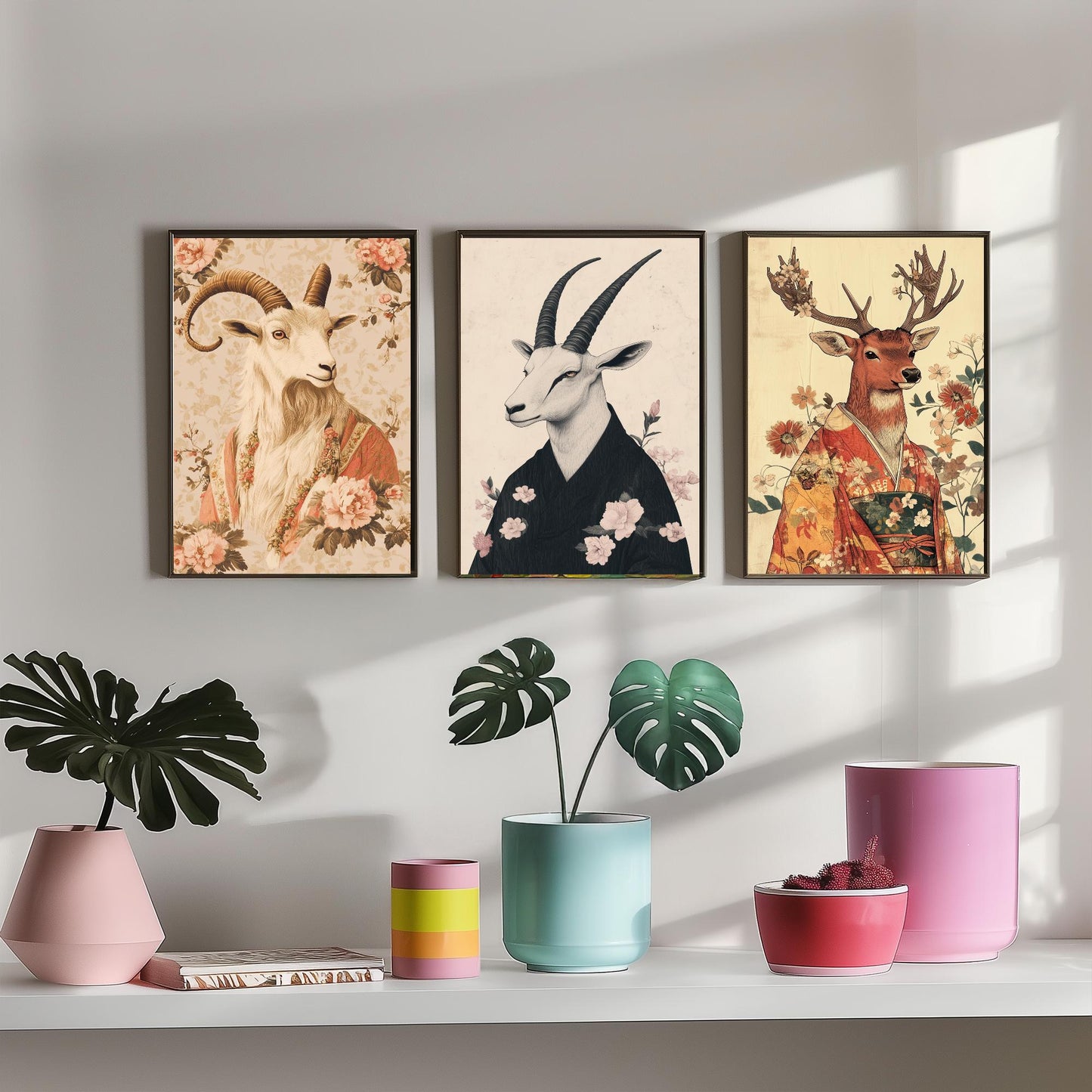 Religious Animals Mystical Antlers Set of Three Art Prints - 3 Mountain Goat Arabian Oryx Red Stag Posters - Ornate Illustration Gift