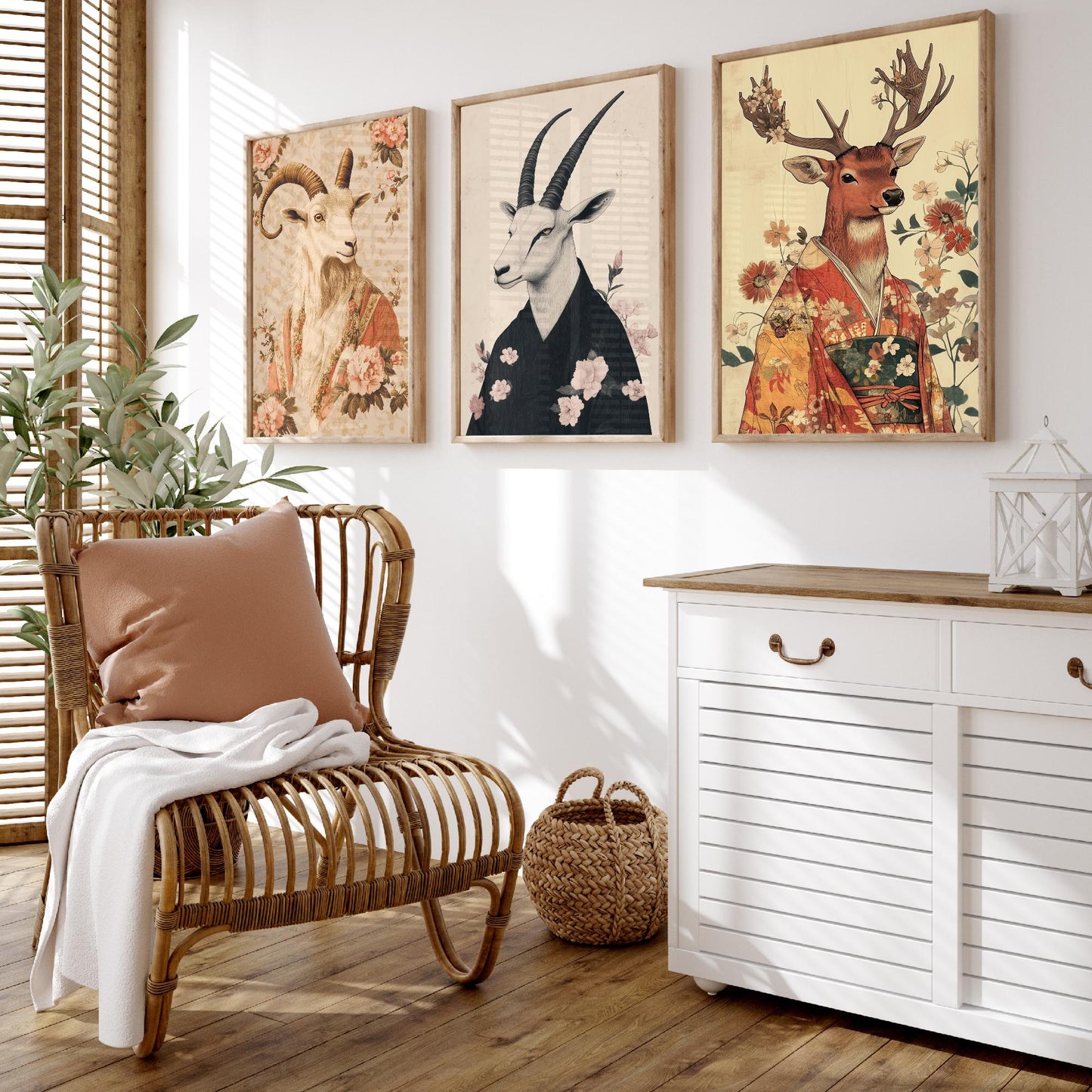 Religious Animals Mystical Antlers Set of Three Art Prints - 3 Mountain Goat Arabian Oryx Red Stag Posters - Ornate Illustration Gift