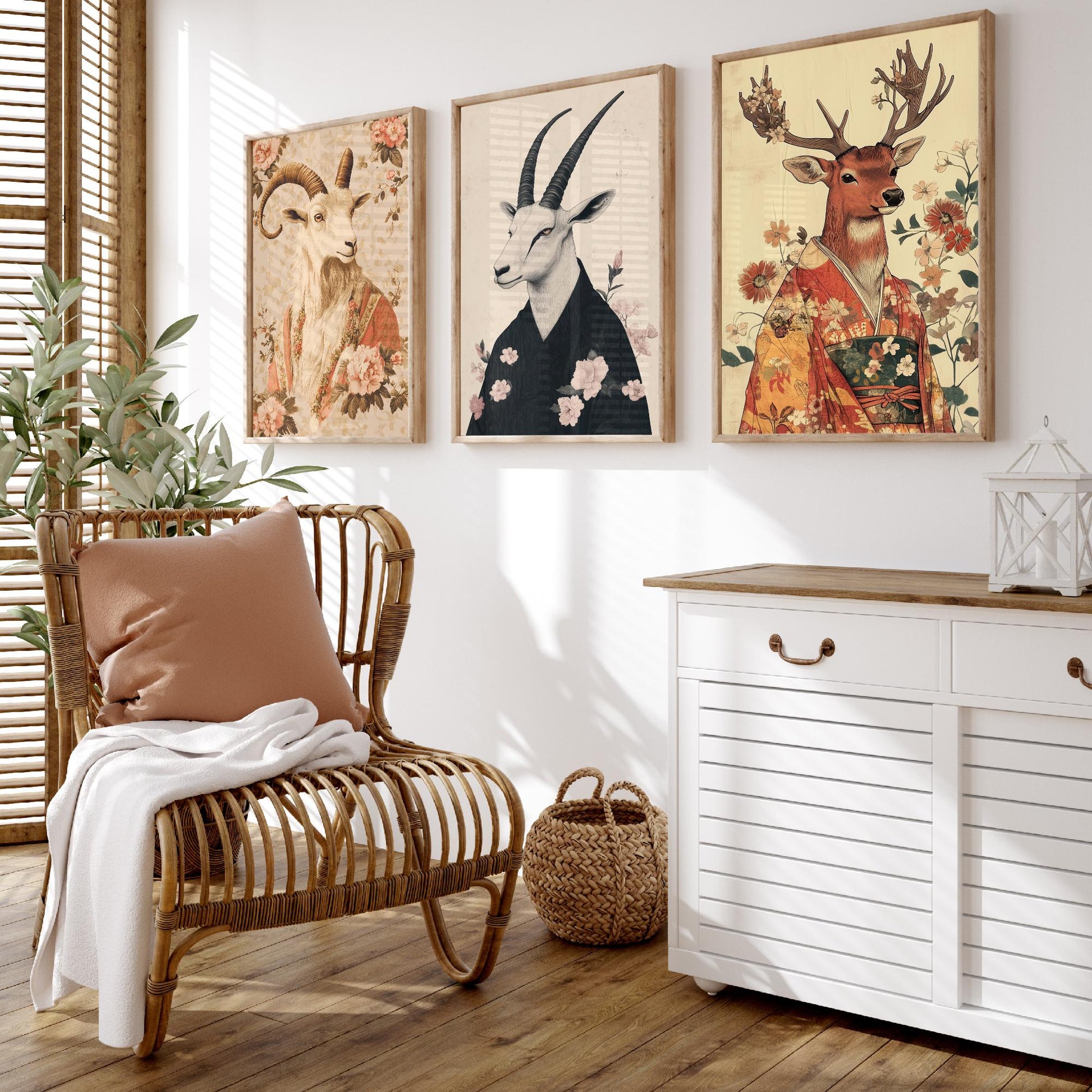 Religious Animals Mystical Antlers Set of Three Art Prints - 3 Mountain Goat Arabian Oryx Red Stag Posters - Ornate Illustration Gift
