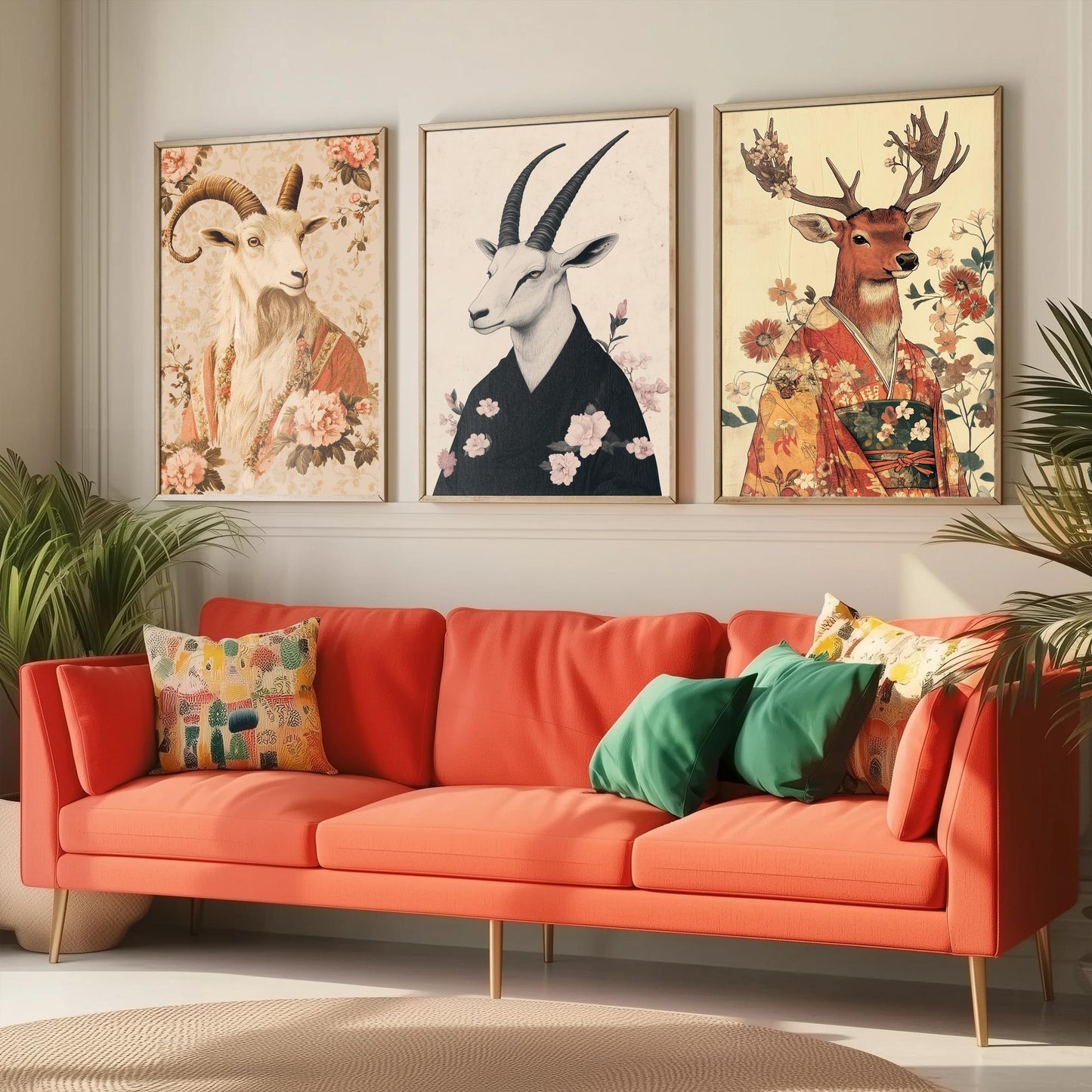 Religious Animals Mystical Antlers Set of Three Art Prints - 3 Mountain Goat Arabian Oryx Red Stag Posters - Ornate Illustration Gift