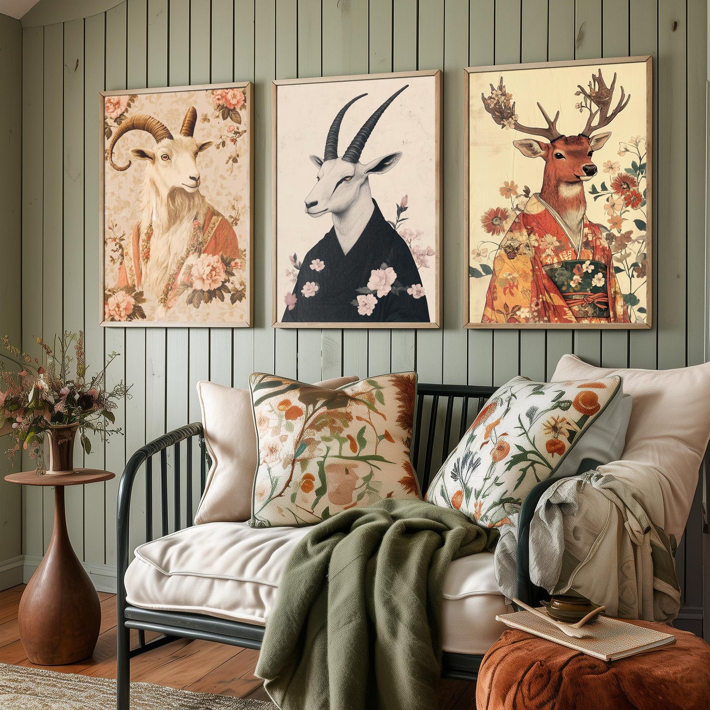 Religious Animals Mystical Antlers Set of Three Art Prints - 3 Mountain Goat Arabian Oryx Red Stag Posters - Ornate Illustration Gift
