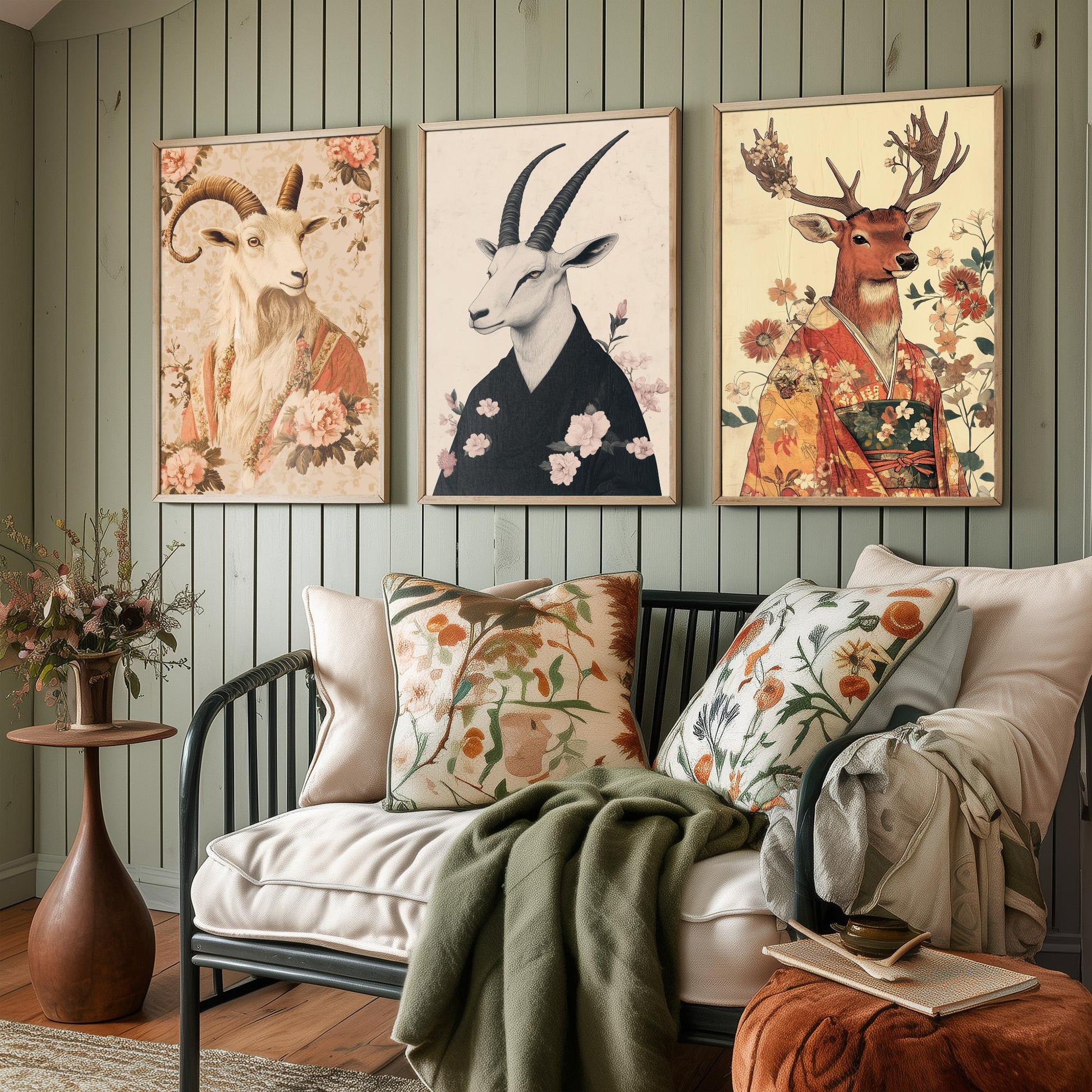 Religious Animals Mystical Antlers Set of Three Art Prints - 3 Mountain Goat Arabian Oryx Red Stag Posters - Ornate Illustration Gift