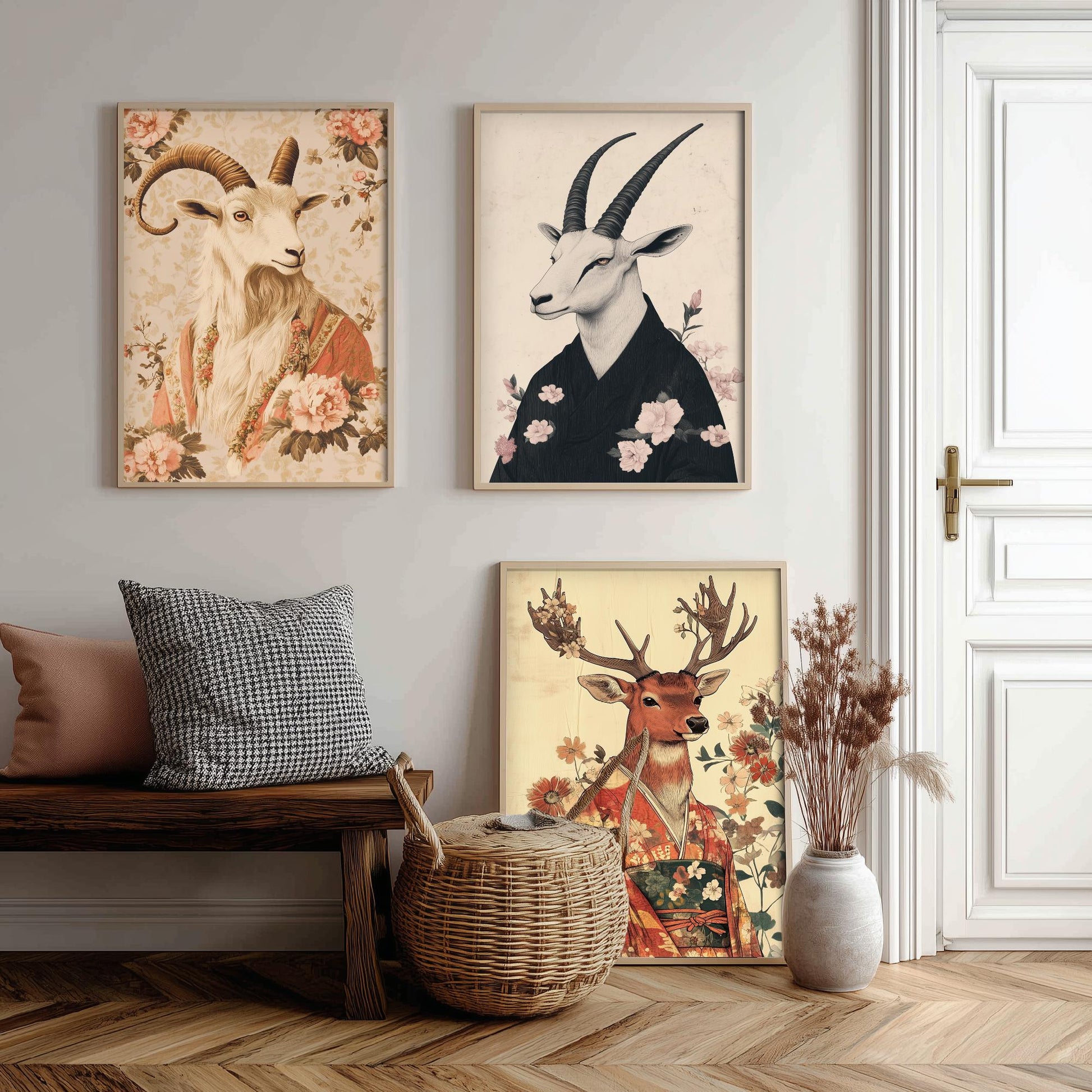 Religious Animals Mystical Antlers Set of Three Art Prints - 3 Mountain Goat Arabian Oryx Red Stag Posters - Ornate Illustration Gift