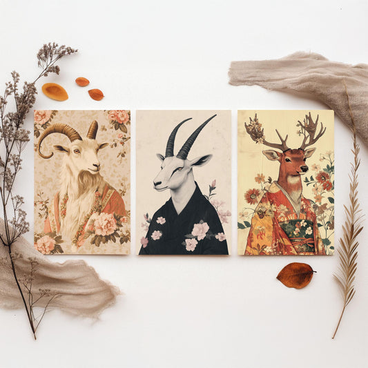 Religious Animals Mystical Antlers Set of Three Art Prints - 3 Mountain Goat Arabian Oryx Red Stag Posters - Ornate Illustration Gift