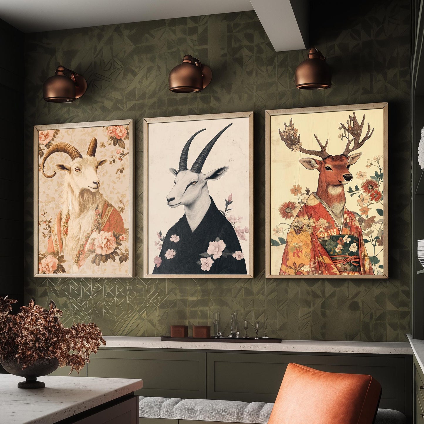 Religious Animals Mystical Antlers Set of Three Art Prints - 3 Mountain Goat Arabian Oryx Red Stag Posters - Ornate Illustration Gift
