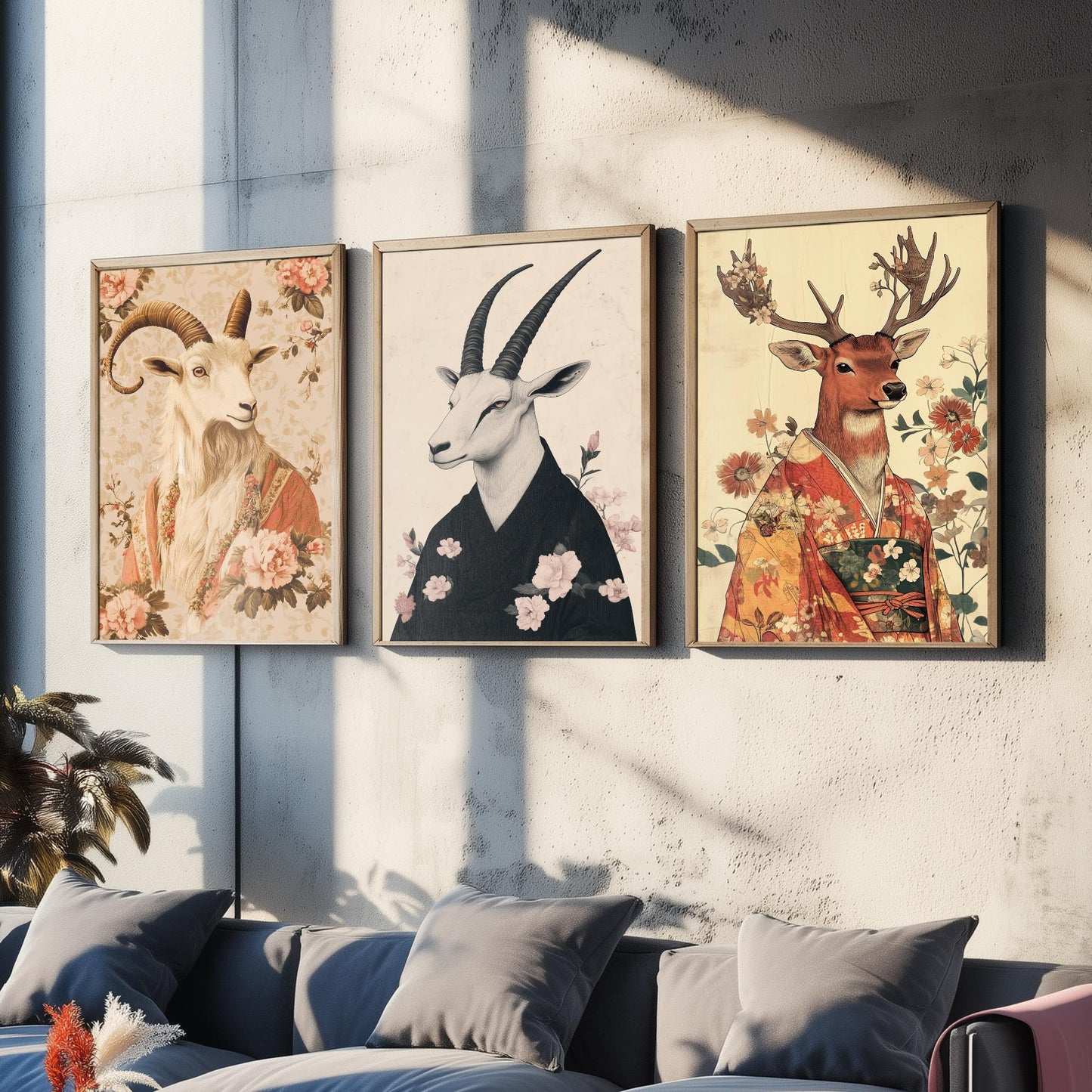 Religious Animals Mystical Antlers Set of Three Art Prints - 3 Mountain Goat Arabian Oryx Red Stag Posters - Ornate Illustration Gift