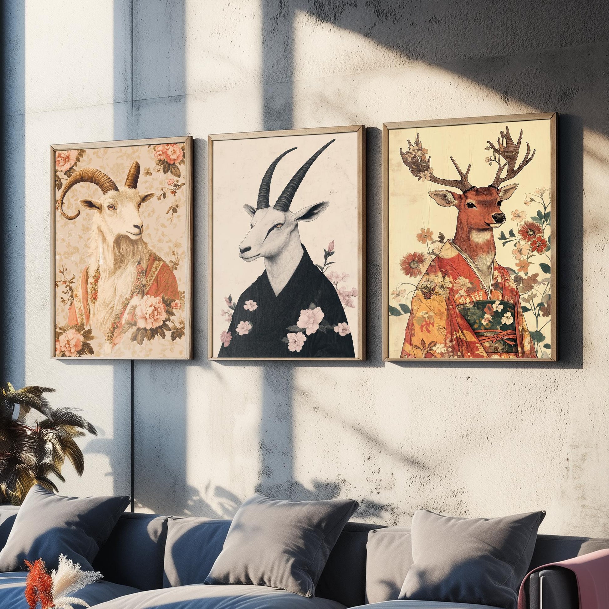Religious Animals Mystical Antlers Set of Three Art Prints - 3 Mountain Goat Arabian Oryx Red Stag Posters - Ornate Illustration Gift