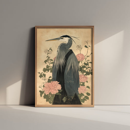 Great Blue Heron Art Print - Whimsical Animal in Robe Poster - Floral Illustration - Riverbank Sage Wall Art 1/3
