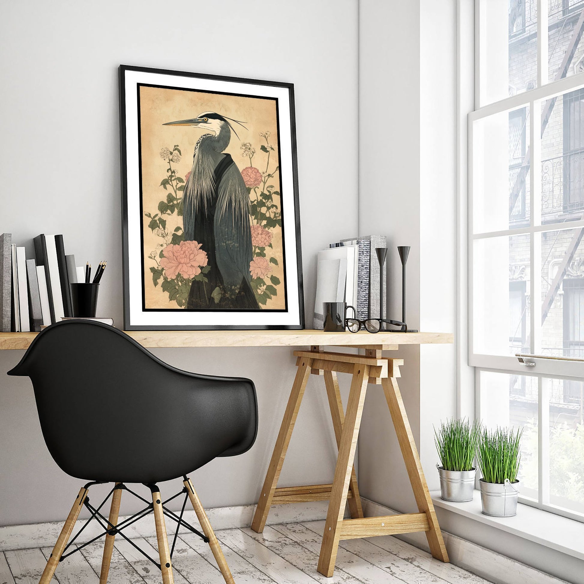 Great Blue Heron Art Print - Whimsical Animal in Robe Poster - Floral Illustration - Riverbank Sage Wall Art 1/3