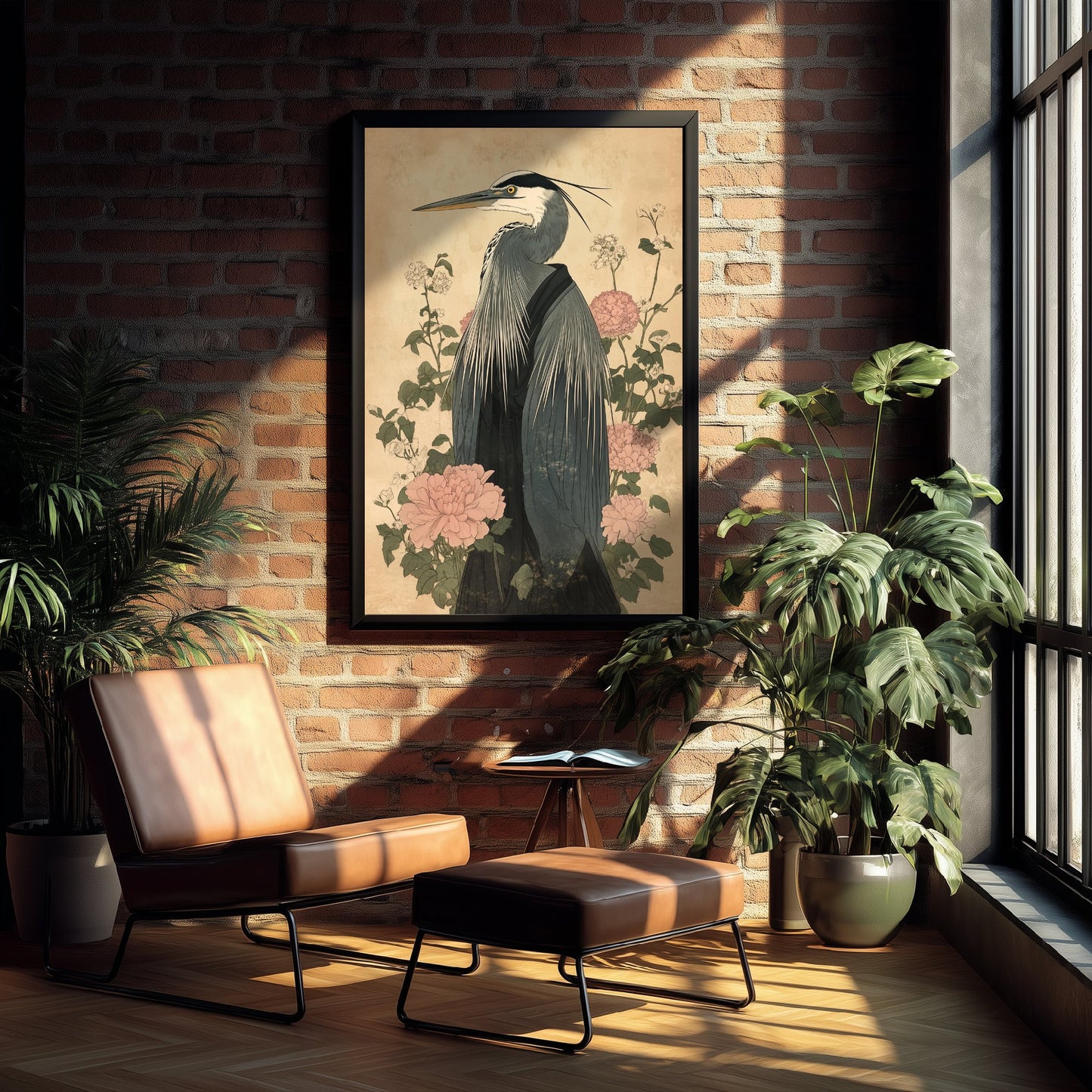 Great Blue Heron Art Print - Whimsical Animal in Robe Poster - Floral Illustration - Riverbank Sage Wall Art 1/3