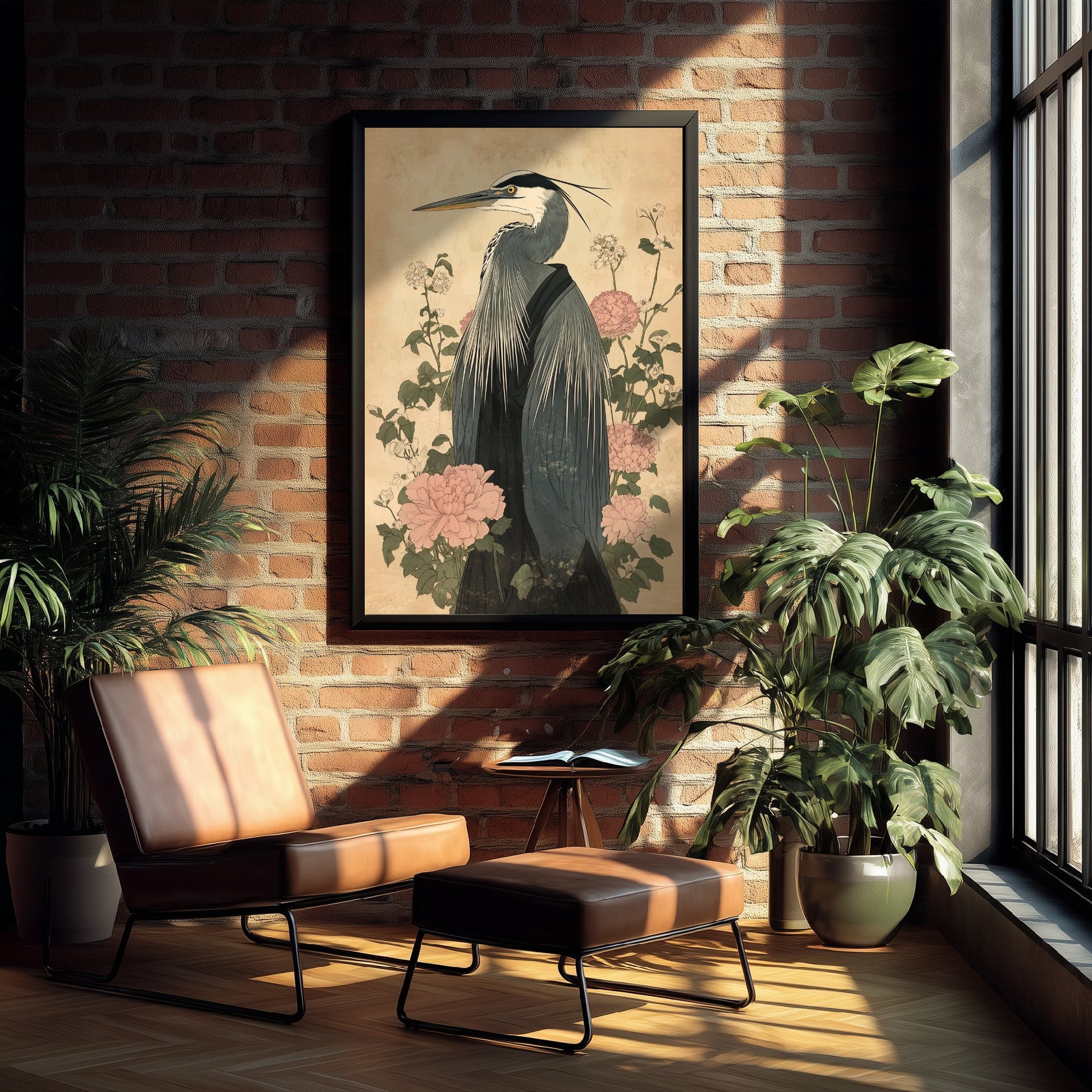 Great Blue Heron Art Print - Whimsical Animal in Robe Poster - Floral Illustration - Riverbank Sage Wall Art 1/3