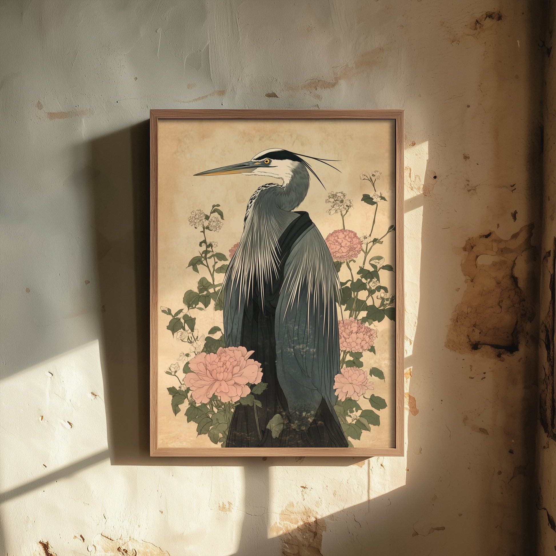 Great Blue Heron Art Print - Whimsical Animal in Robe Poster - Floral Illustration - Riverbank Sage Wall Art 1/3