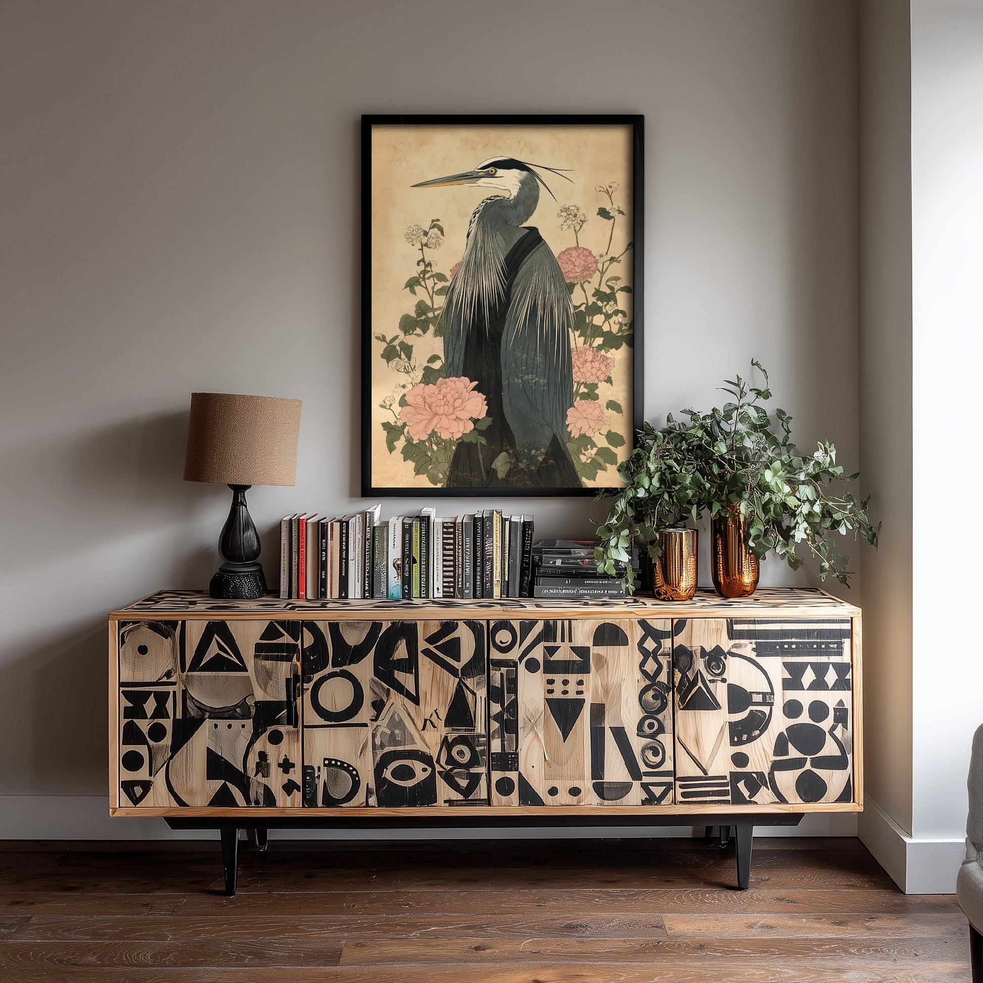 Great Blue Heron Art Print - Whimsical Animal in Robe Poster - Floral Illustration - Riverbank Sage Wall Art 1/3