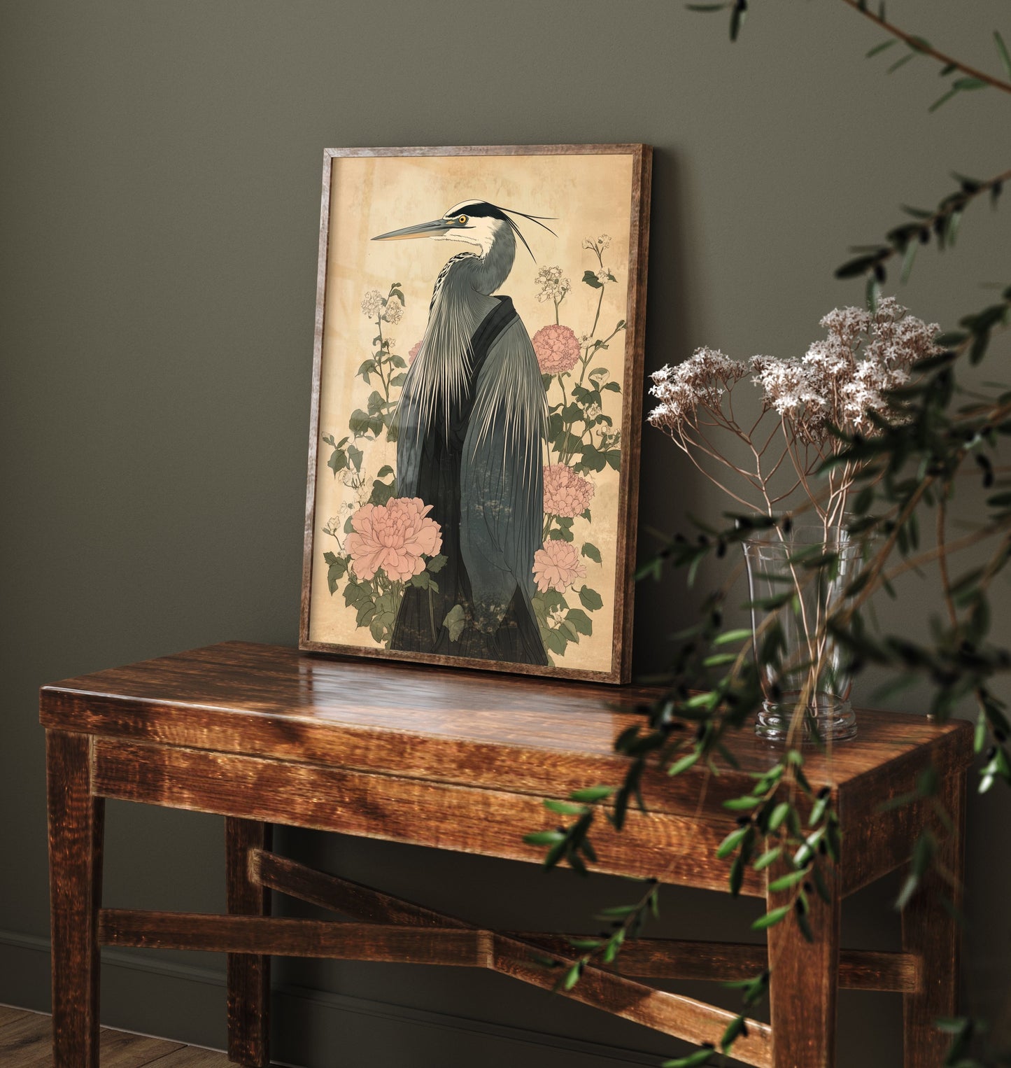 Great Blue Heron Art Print - Whimsical Animal in Robe Poster - Floral Illustration - Riverbank Sage Wall Art 1/3