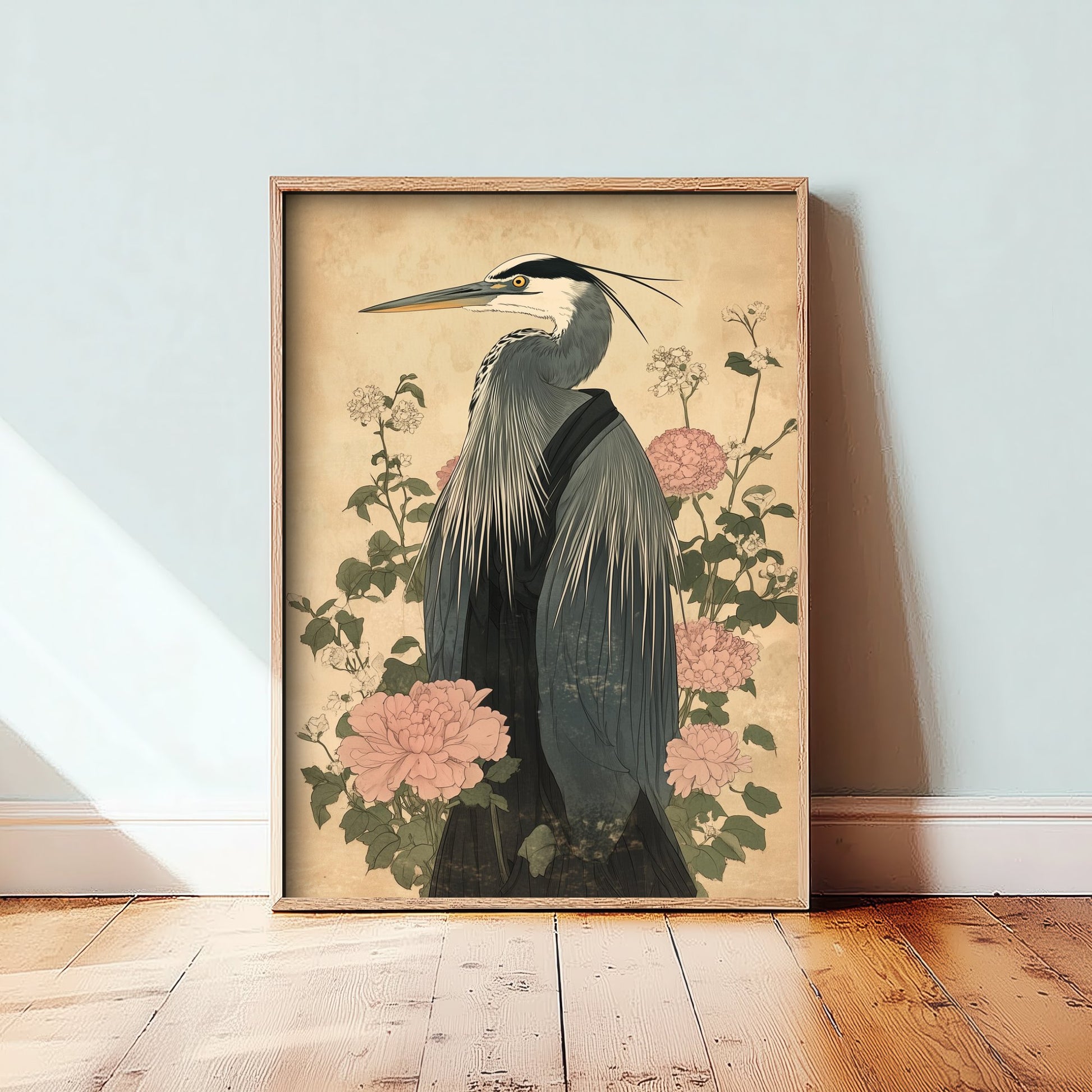 Great Blue Heron Art Print - Whimsical Animal in Robe Poster - Floral Illustration - Riverbank Sage Wall Art 1/3