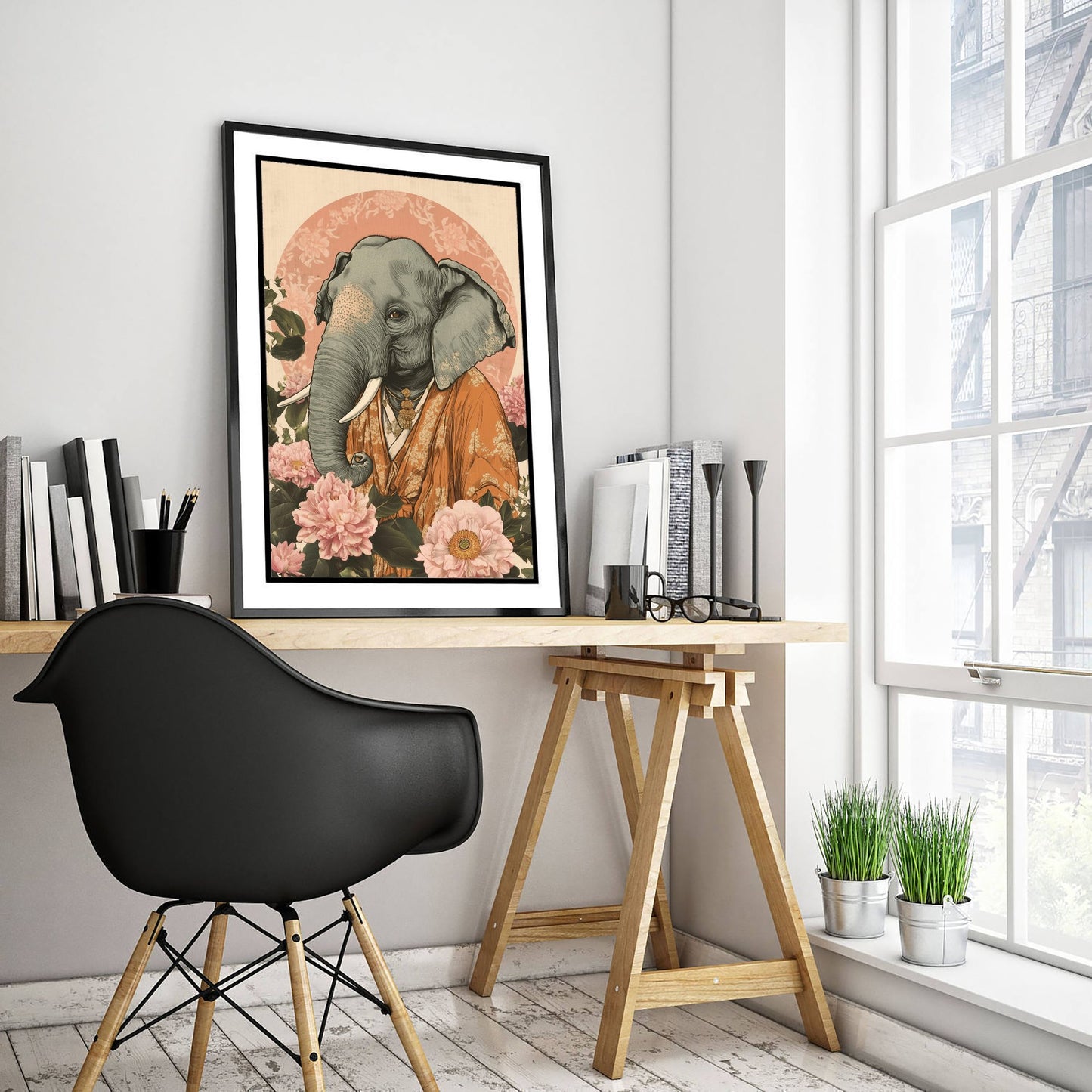 Asian Elephant Art Print - Whimsical Animal in Robe Poster - Floral Illustration - Riverbank Sage Wall Art 2/3