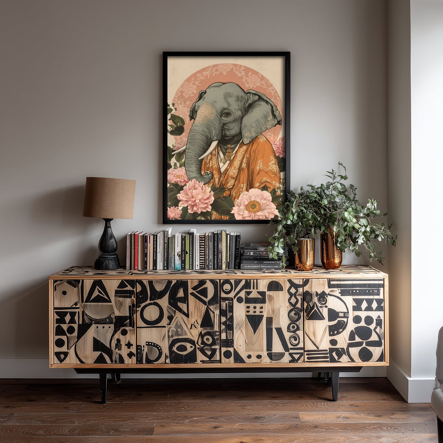 Asian Elephant Art Print - Whimsical Animal in Robe Poster - Floral Illustration - Riverbank Sage Wall Art 2/3