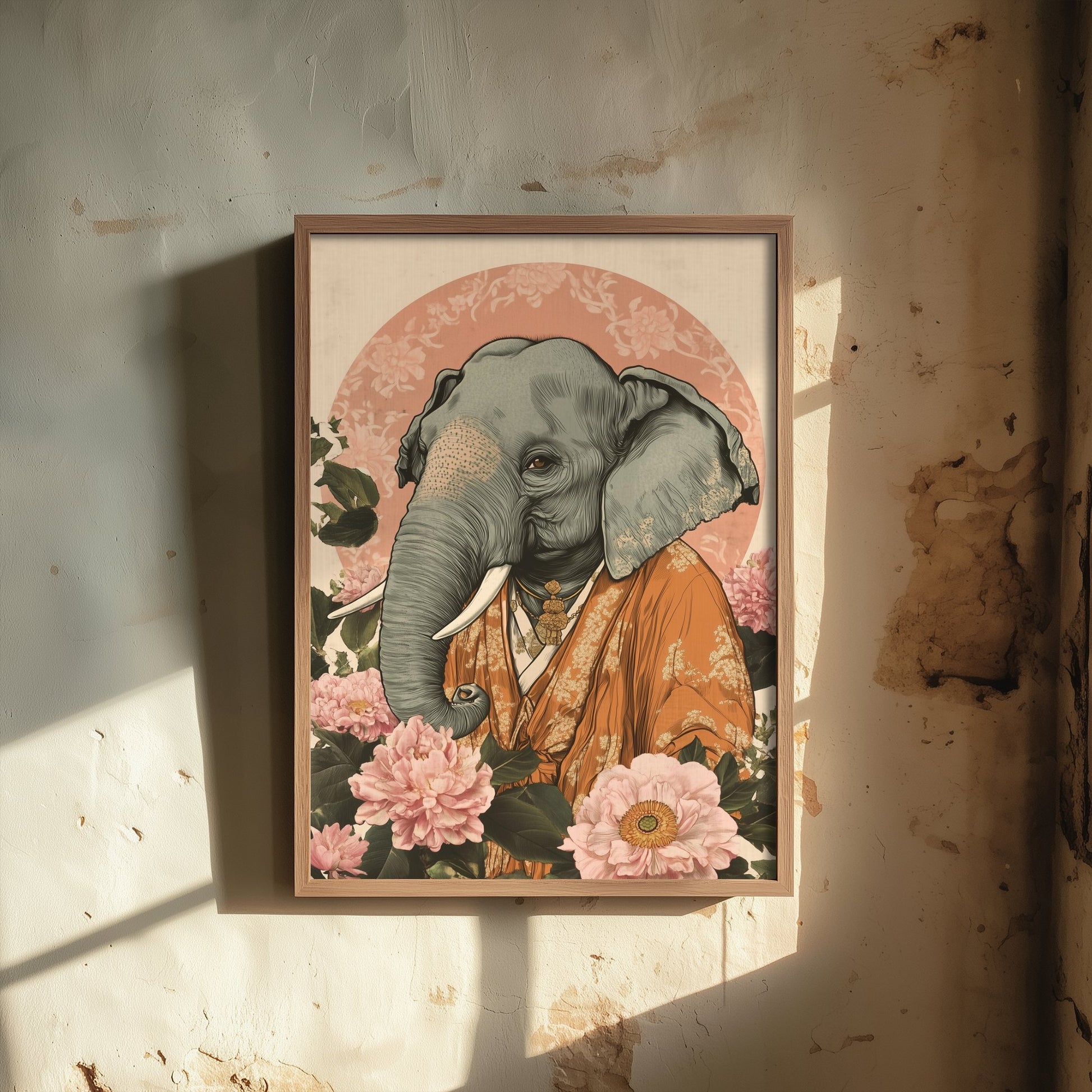 Asian Elephant Art Print - Whimsical Animal in Robe Poster - Floral Illustration - Riverbank Sage Wall Art 2/3