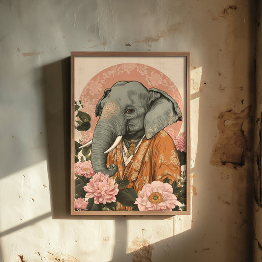Asian Elephant Art Print - Whimsical Animal in Robe Poster - Floral Illustration - Riverbank Sage Wall Art 2/3