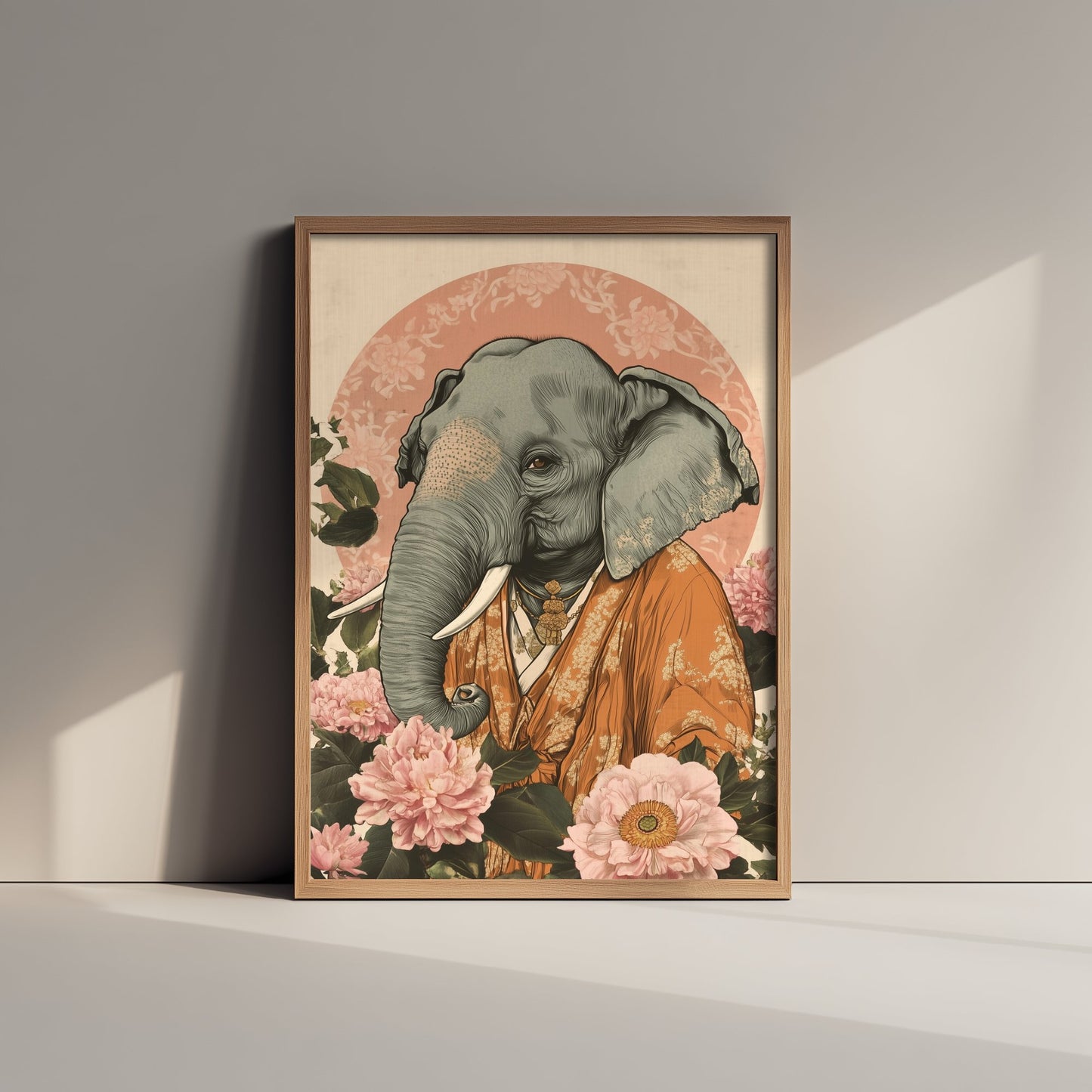 Asian Elephant Art Print - Whimsical Animal in Robe Poster - Floral Illustration - Riverbank Sage Wall Art 2/3