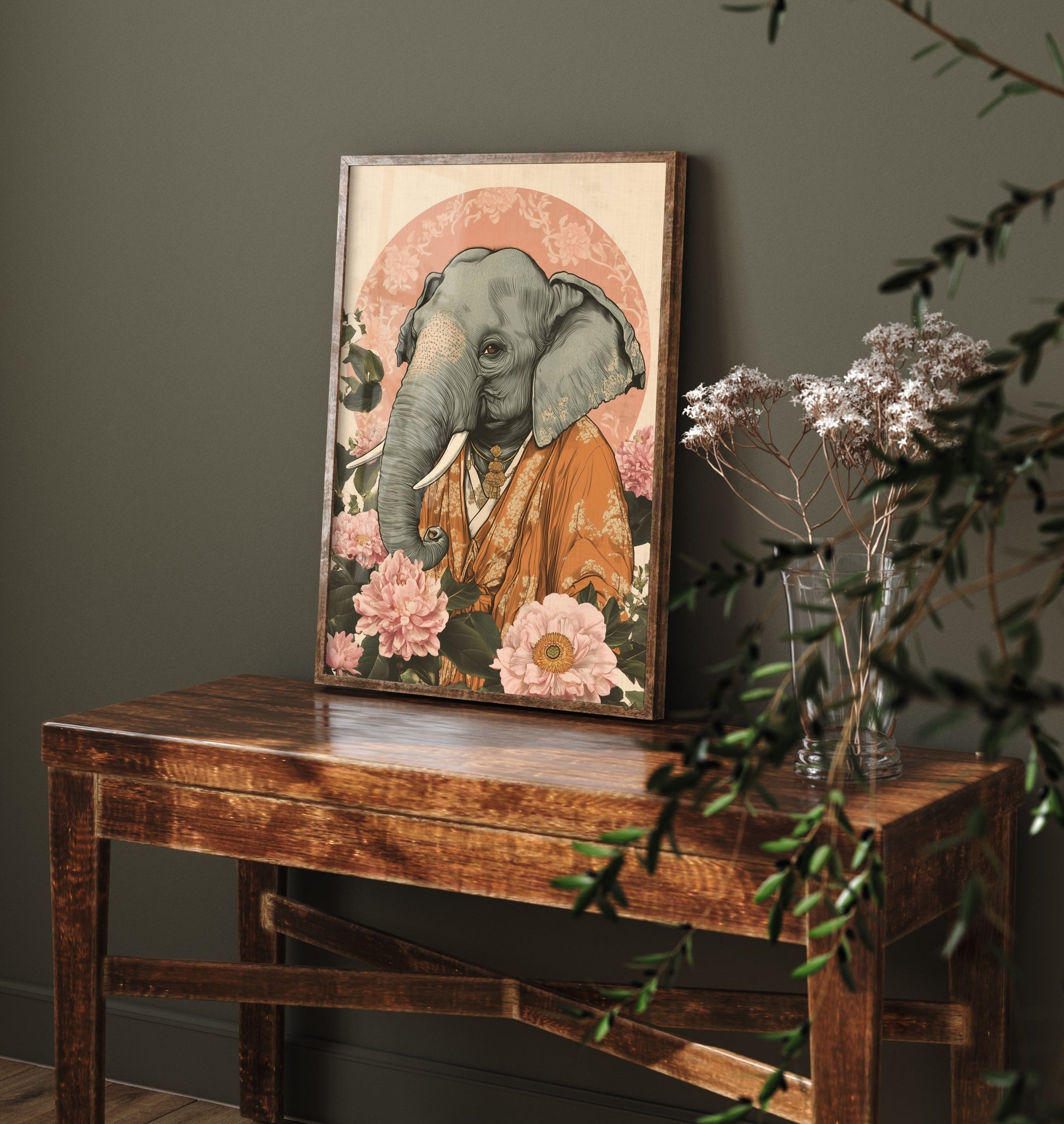 Asian Elephant Art Print - Whimsical Animal in Robe Poster - Floral Illustration - Riverbank Sage Wall Art 2/3