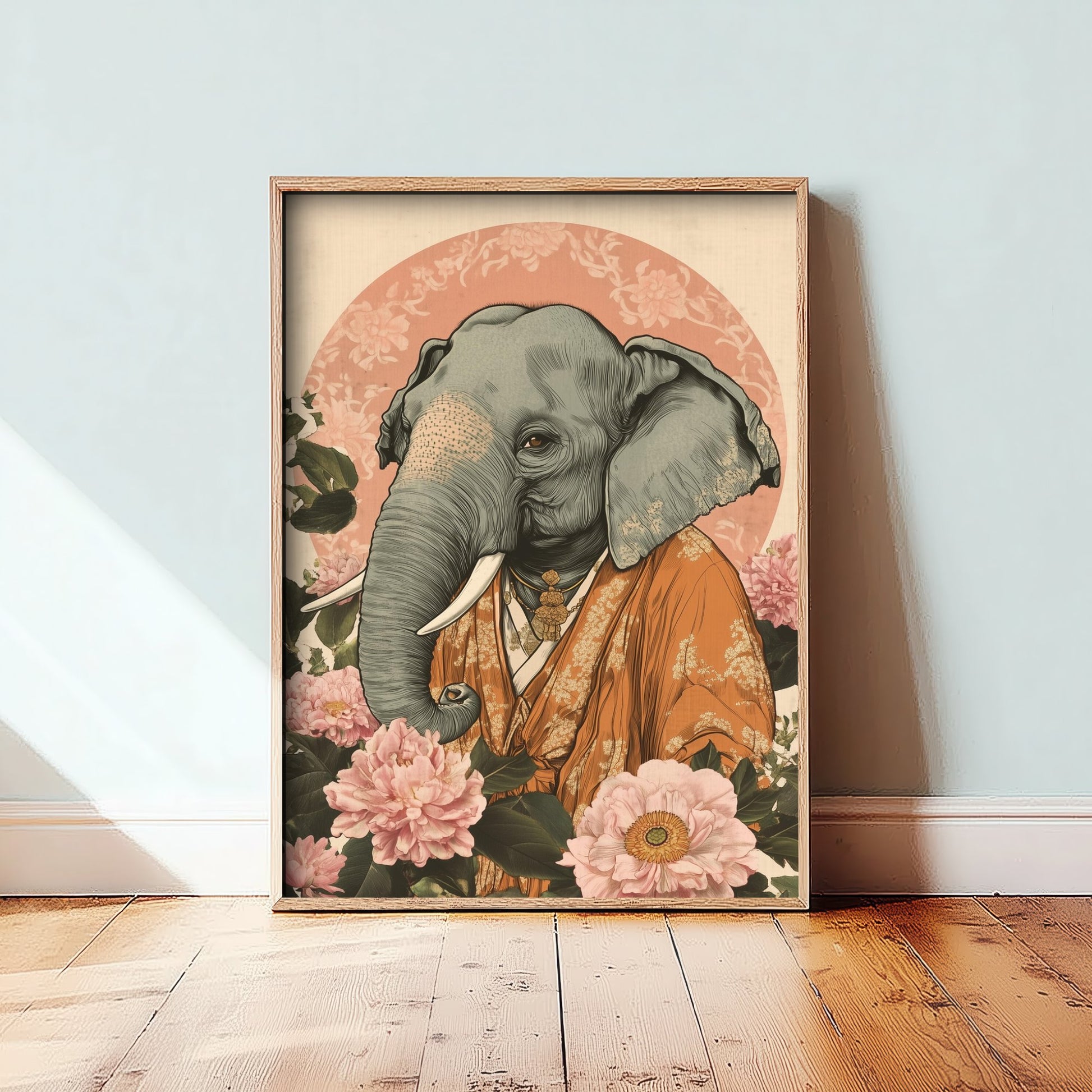 Asian Elephant Art Print - Whimsical Animal in Robe Poster - Floral Illustration - Riverbank Sage Wall Art 2/3