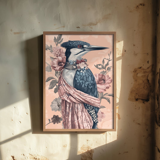Kingfisher Art Print - Whimsical Animal in Robe Poster - Floral Illustration - Riverbank Sage Wall Art 3/3