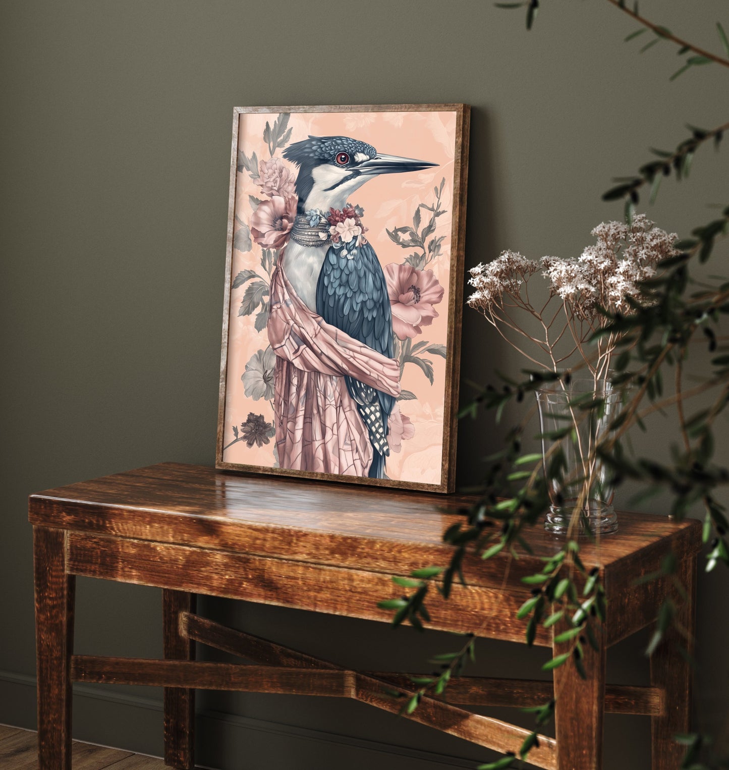 Kingfisher Art Print - Whimsical Animal in Robe Poster - Floral Illustration - Riverbank Sage Wall Art 3/3