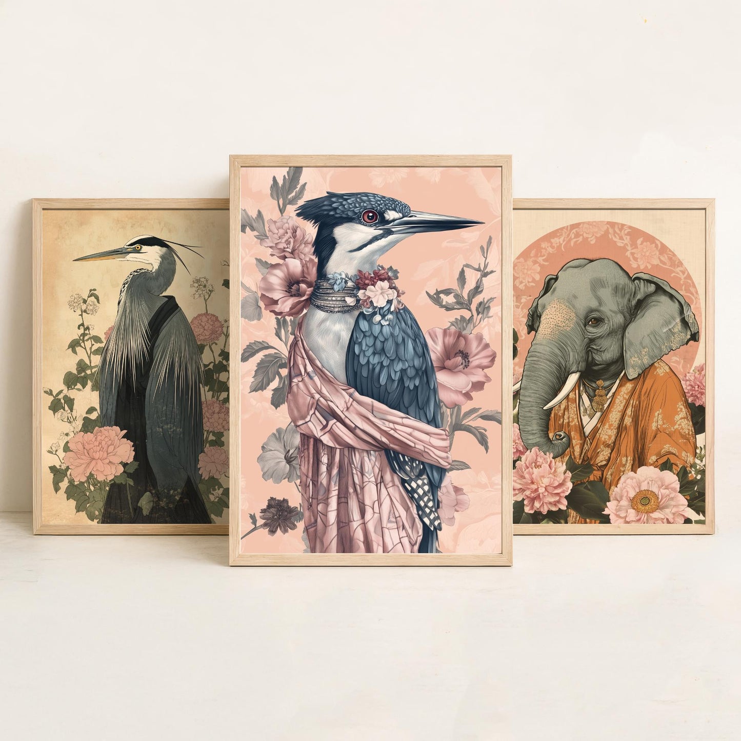Religious Animals Riverbank Sages Set of Three Art Prints - 3 Great Blue Heron Asian Elephant Kingfisher Posters - Ornate Illustration Gift