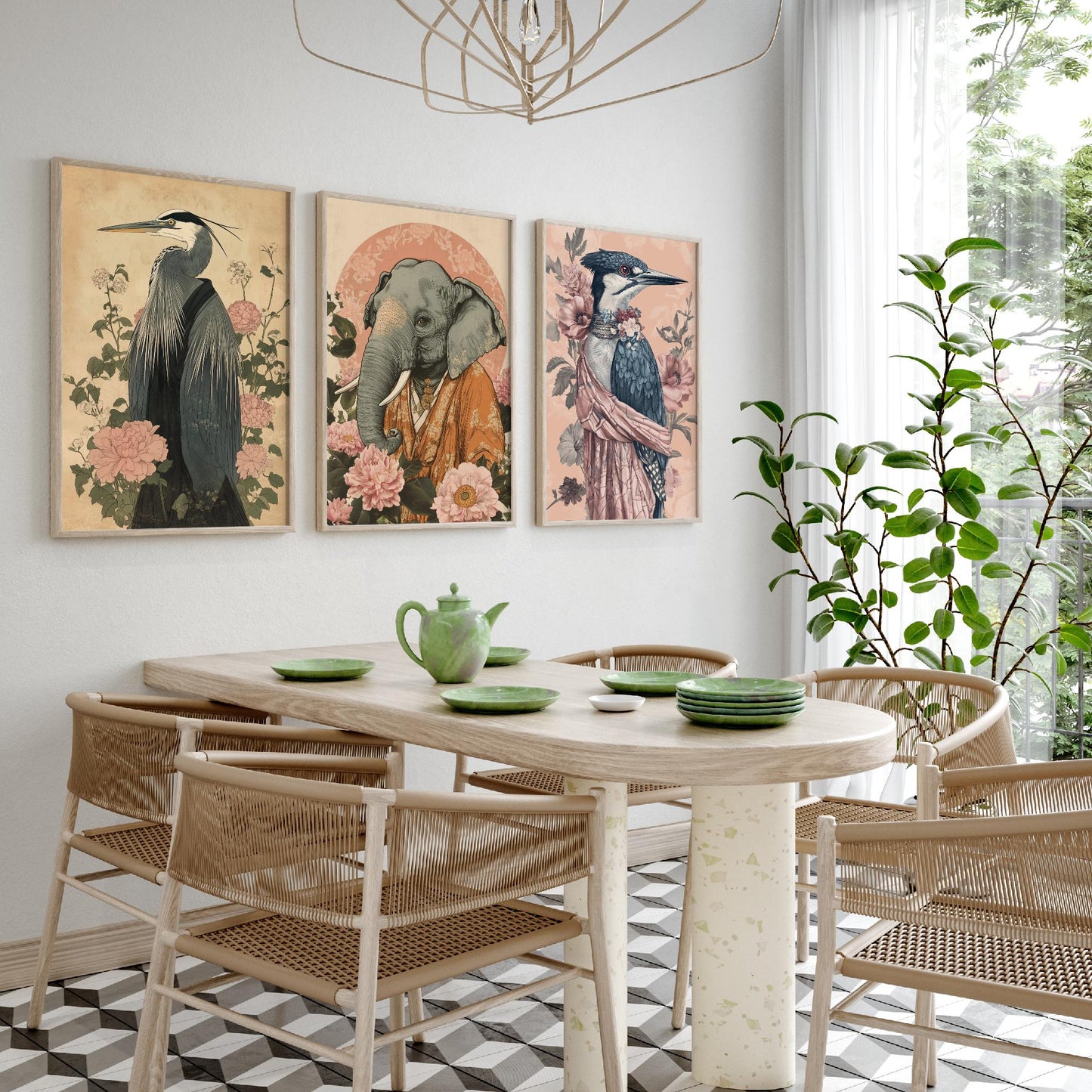 Religious Animals Riverbank Sages Set of Three Art Prints - 3 Great Blue Heron Asian Elephant Kingfisher Posters - Ornate Illustration Gift