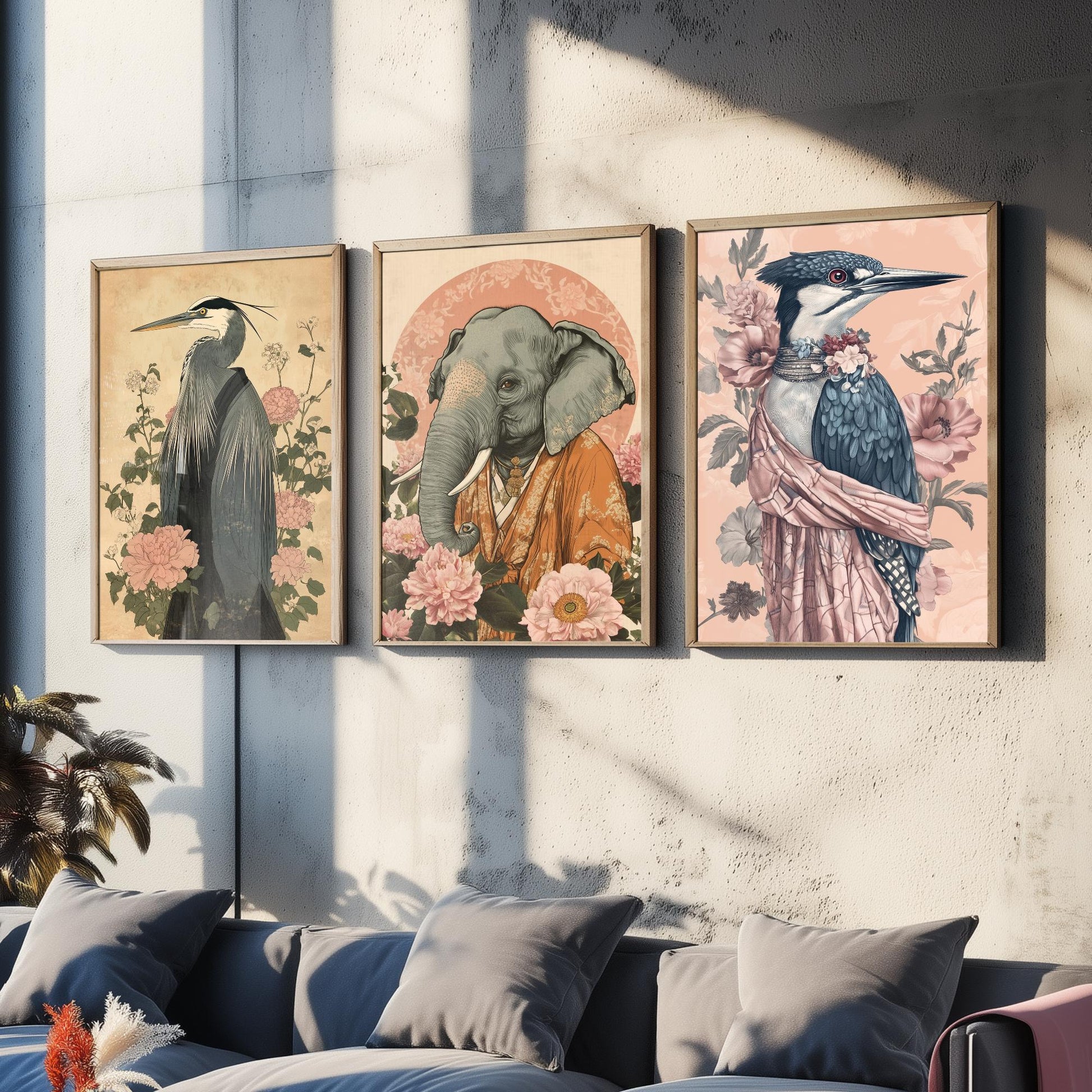 Religious Animals Riverbank Sages Set of Three Art Prints - 3 Great Blue Heron Asian Elephant Kingfisher Posters - Ornate Illustration Gift