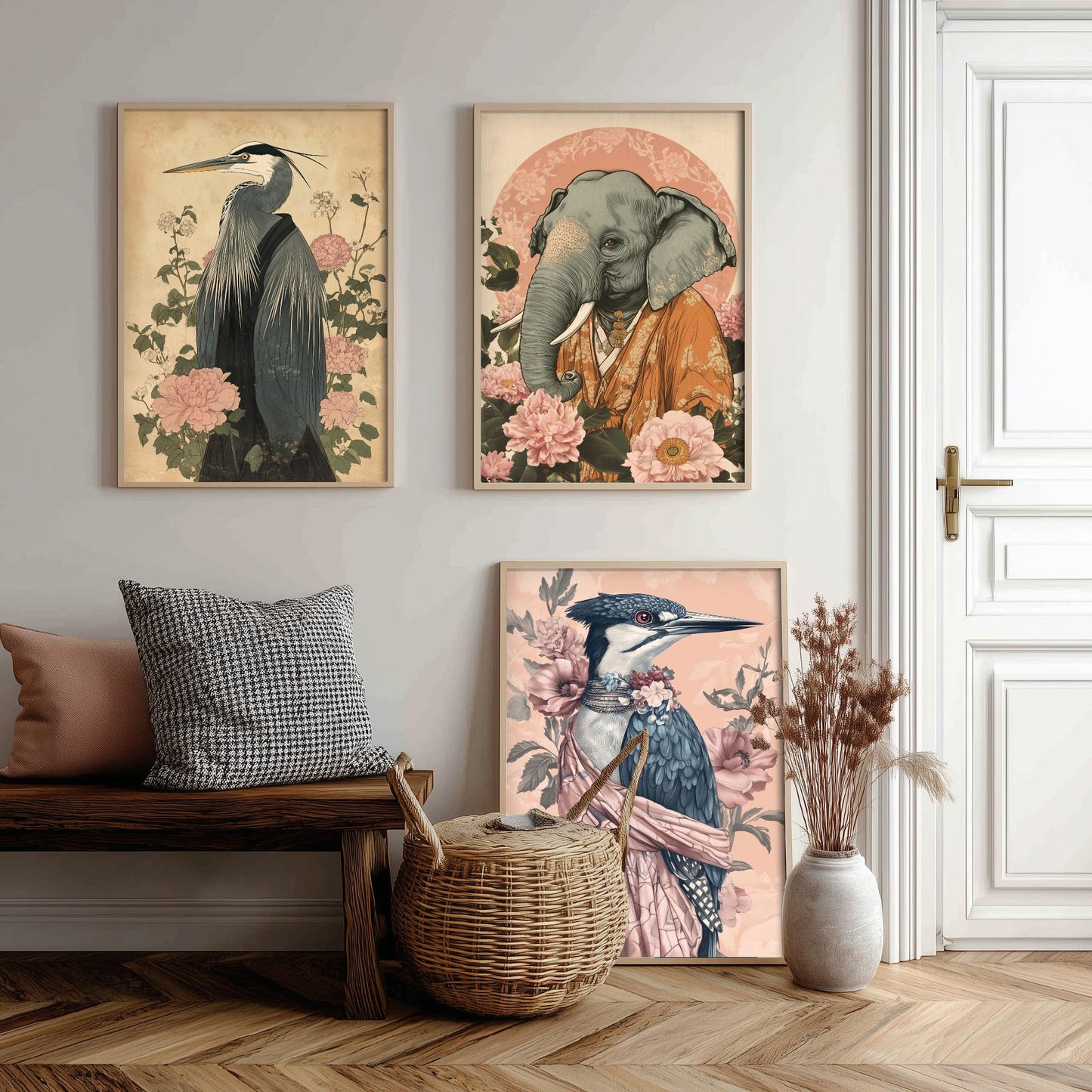 Religious Animals Riverbank Sages Set of Three Art Prints - 3 Great Blue Heron Asian Elephant Kingfisher Posters - Ornate Illustration Gift