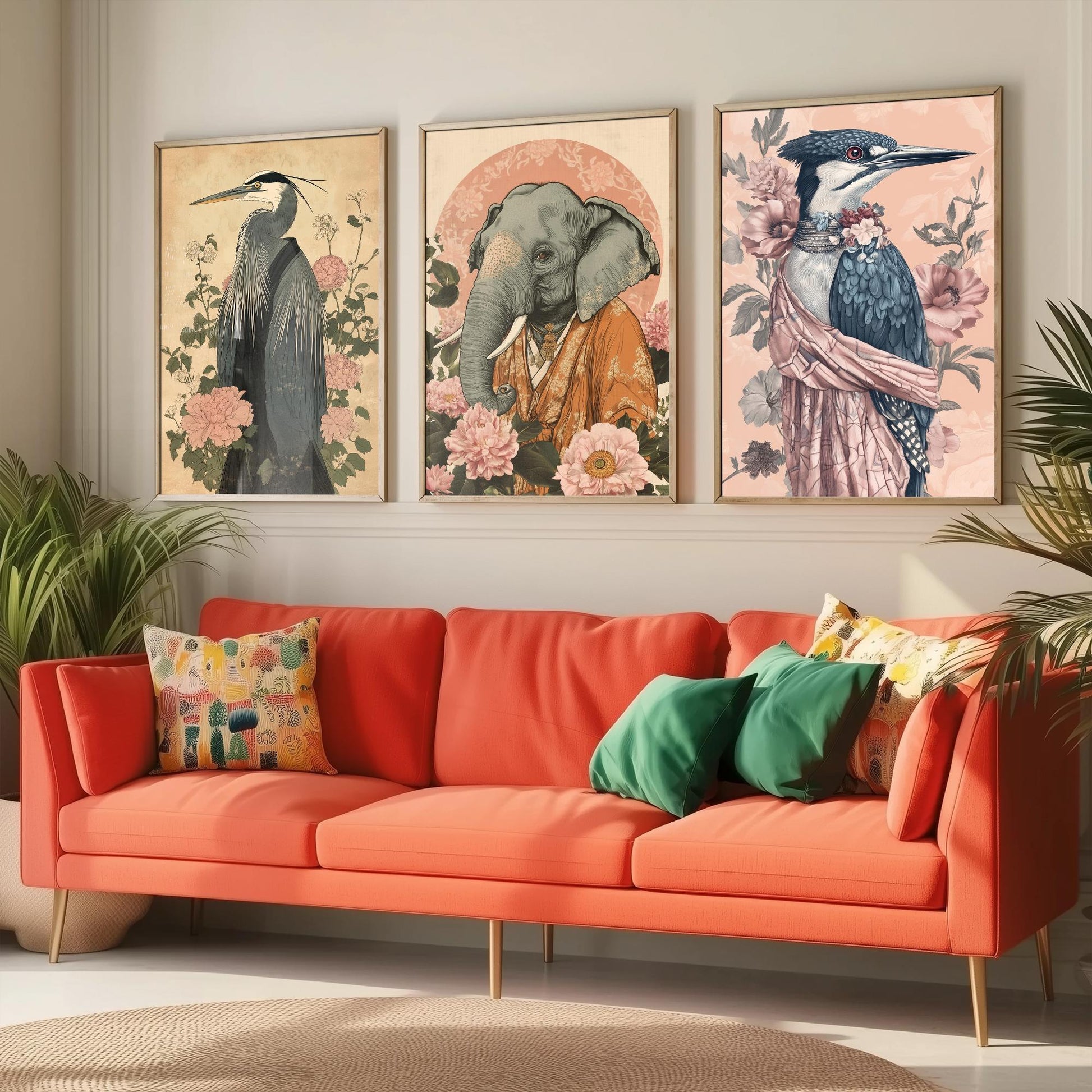 Religious Animals Riverbank Sages Set of Three Art Prints - 3 Great Blue Heron Asian Elephant Kingfisher Posters - Ornate Illustration Gift