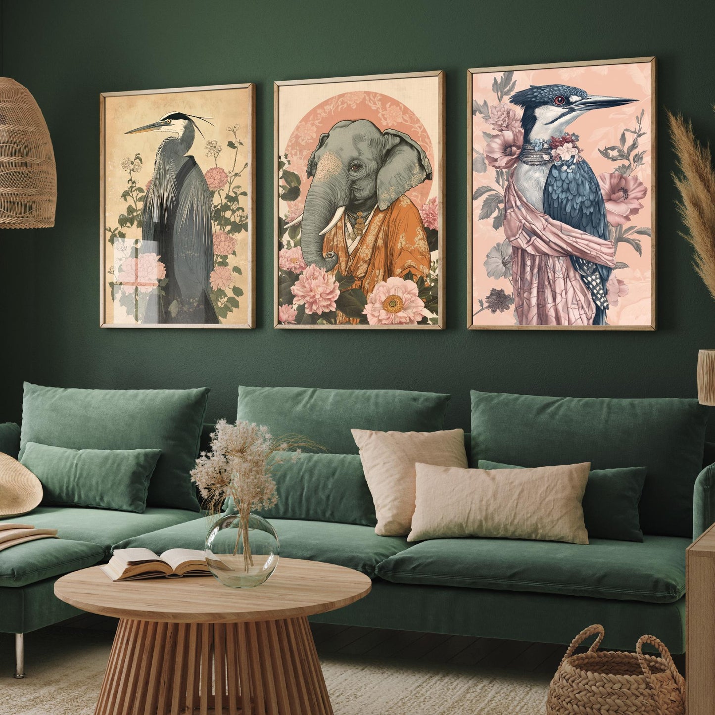 Religious Animals Riverbank Sages Set of Three Art Prints - 3 Great Blue Heron Asian Elephant Kingfisher Posters - Ornate Illustration Gift