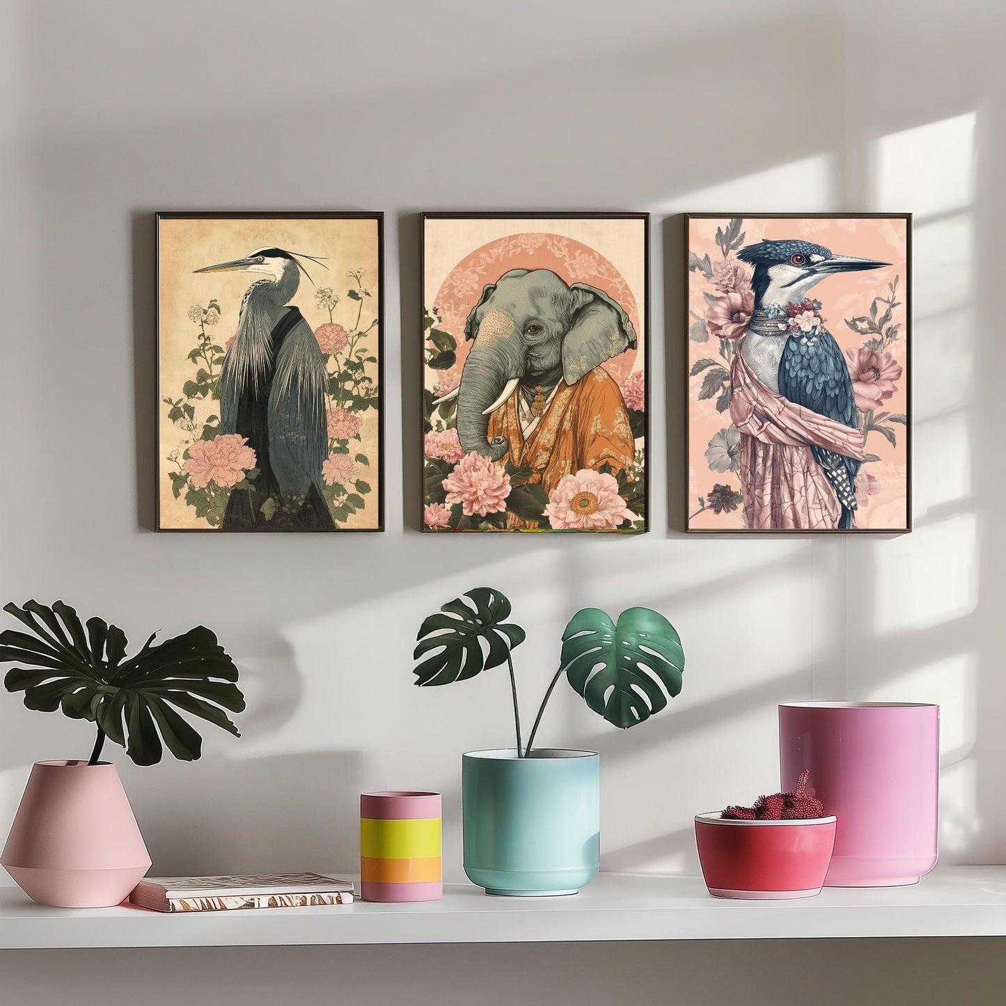 Religious Animals Riverbank Sages Set of Three Art Prints - 3 Great Blue Heron Asian Elephant Kingfisher Posters - Ornate Illustration Gift