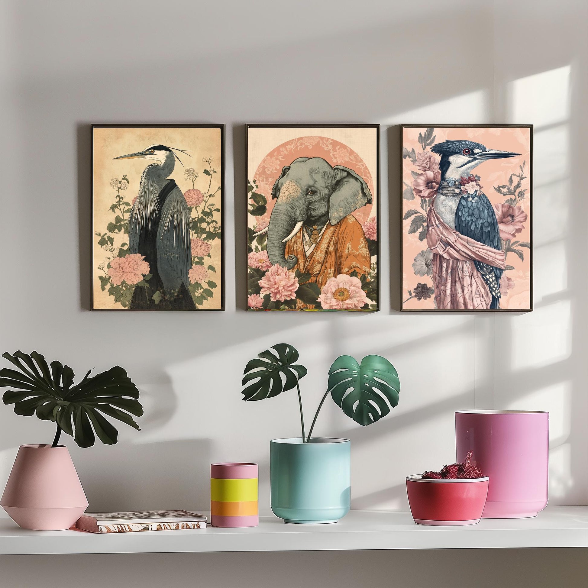 Religious Animals Riverbank Sages Set of Three Art Prints - 3 Great Blue Heron Asian Elephant Kingfisher Posters - Ornate Illustration Gift