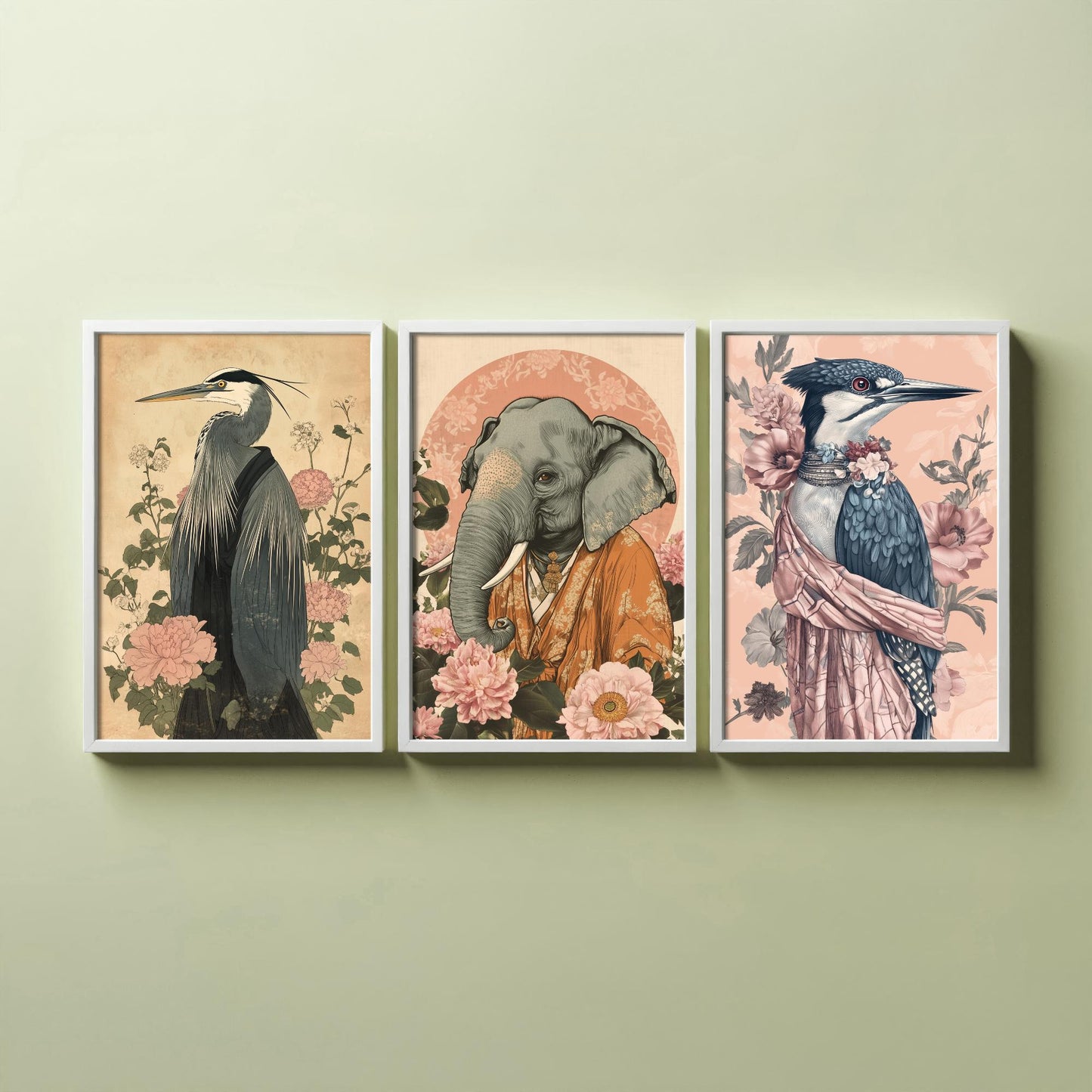 Religious Animals Riverbank Sages Set of Three Art Prints - 3 Great Blue Heron Asian Elephant Kingfisher Posters - Ornate Illustration Gift