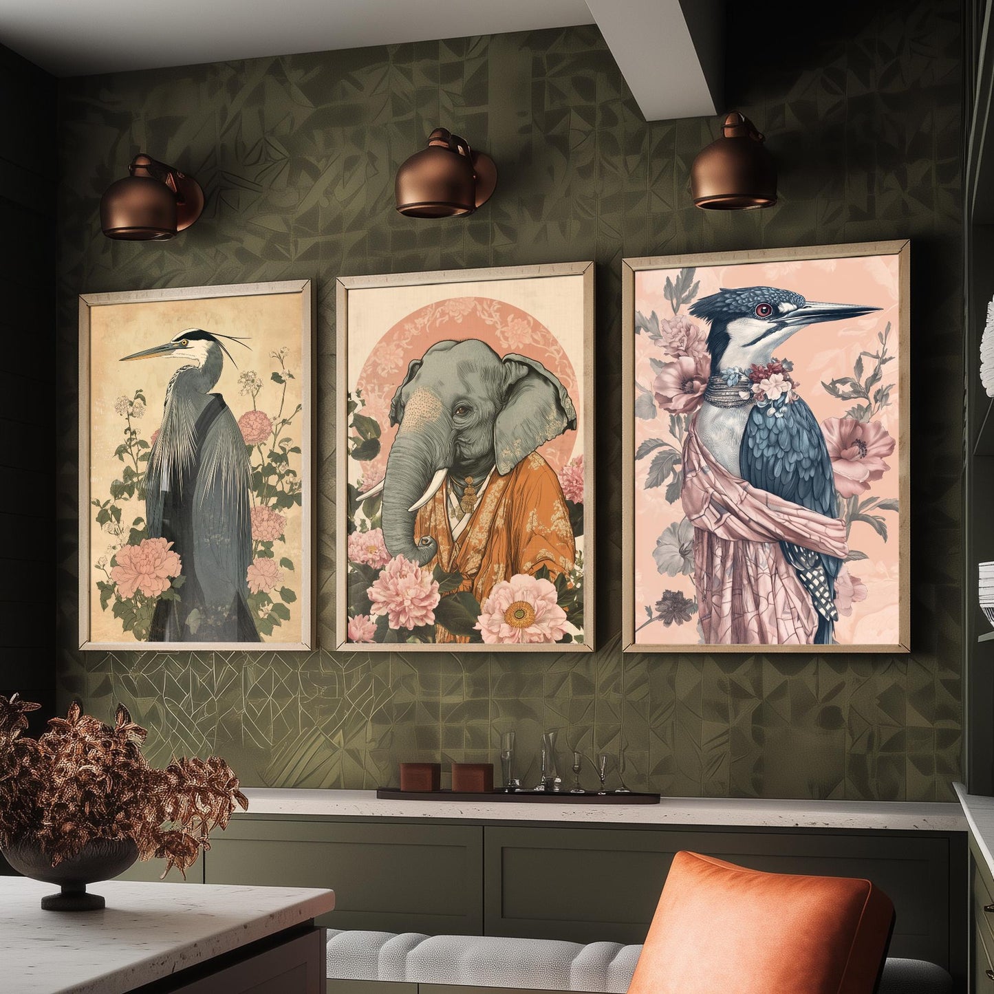 Religious Animals Riverbank Sages Set of Three Art Prints - 3 Great Blue Heron Asian Elephant Kingfisher Posters - Ornate Illustration Gift