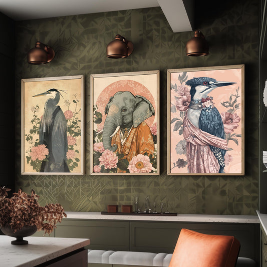 Religious Animals Riverbank Sages Set of Three Art Prints - 3 Great Blue Heron Asian Elephant Kingfisher Posters - Ornate Illustration Gift