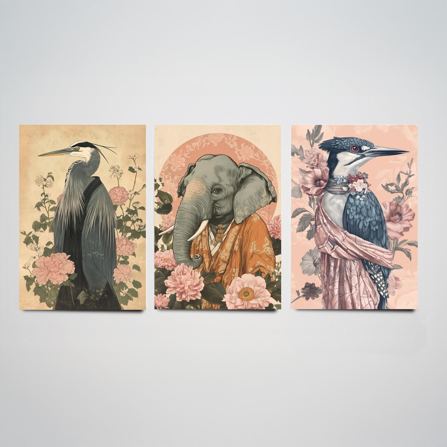 Religious Animals Riverbank Sages Set of Three Art Prints - 3 Great Blue Heron Asian Elephant Kingfisher Posters - Ornate Illustration Gift