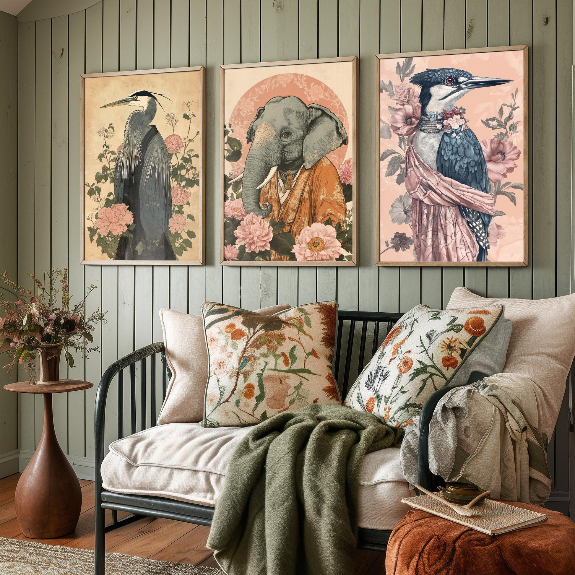 Religious Animals Riverbank Sages Set of Three Art Prints - 3 Great Blue Heron Asian Elephant Kingfisher Posters - Ornate Illustration Gift