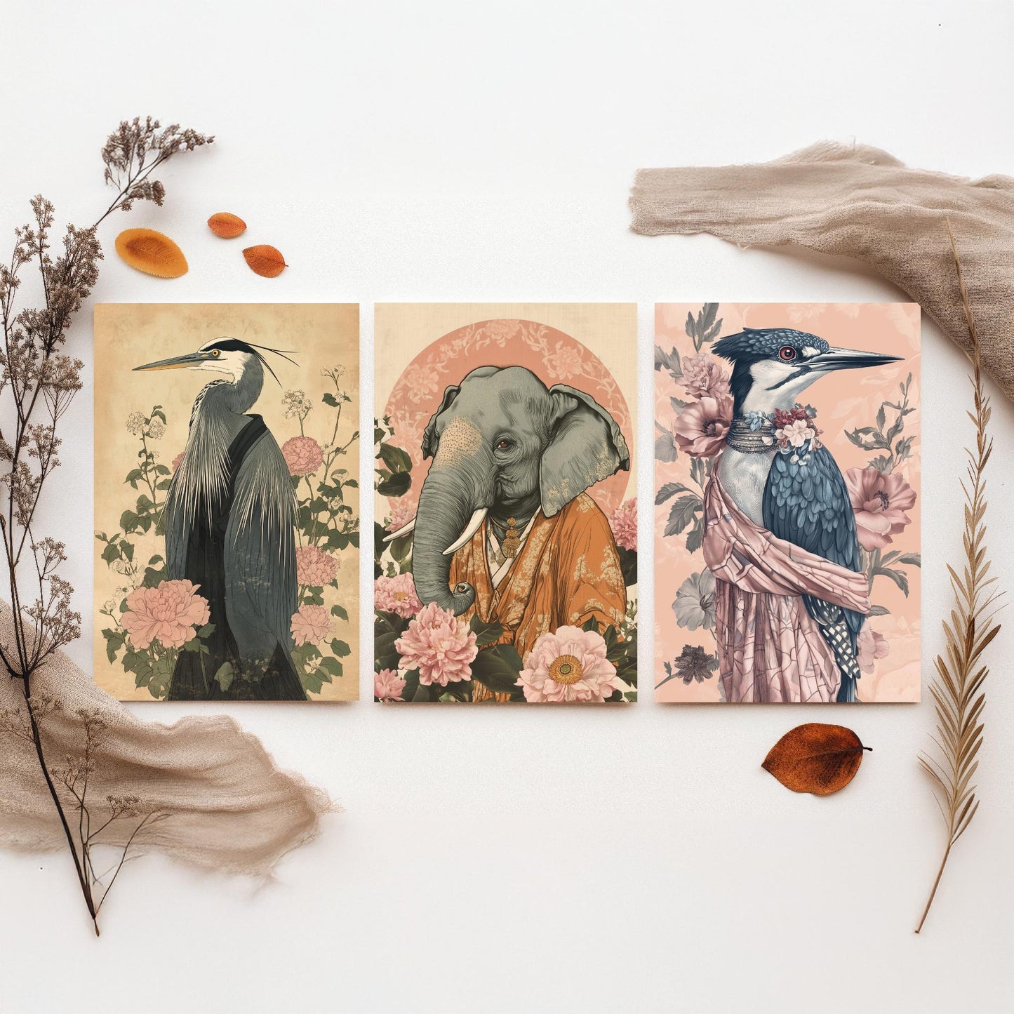 Religious Animals Riverbank Sages Set of Three Art Prints - 3 Great Blue Heron Asian Elephant Kingfisher Posters - Ornate Illustration Gift