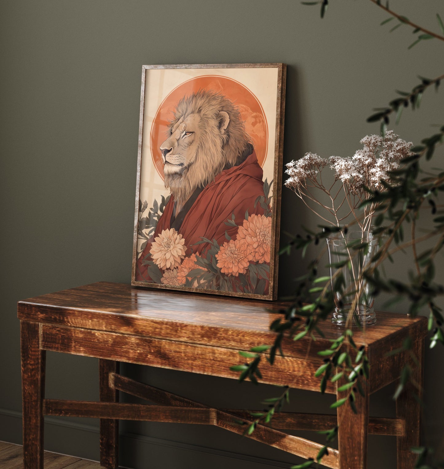 Lion Art Print - Whimsical Animal in Robe Poster - Floral Illustration - Savanna Sovereign Wall Art 1/3