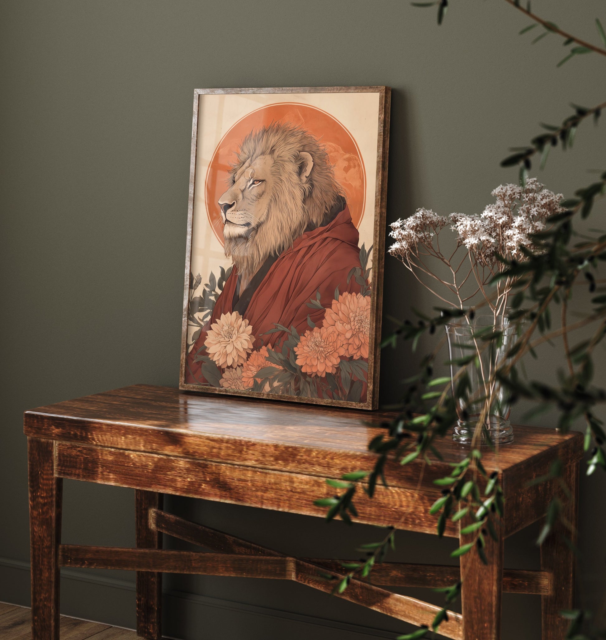 Lion Art Print - Whimsical Animal in Robe Poster - Floral Illustration - Savanna Sovereign Wall Art 1/3